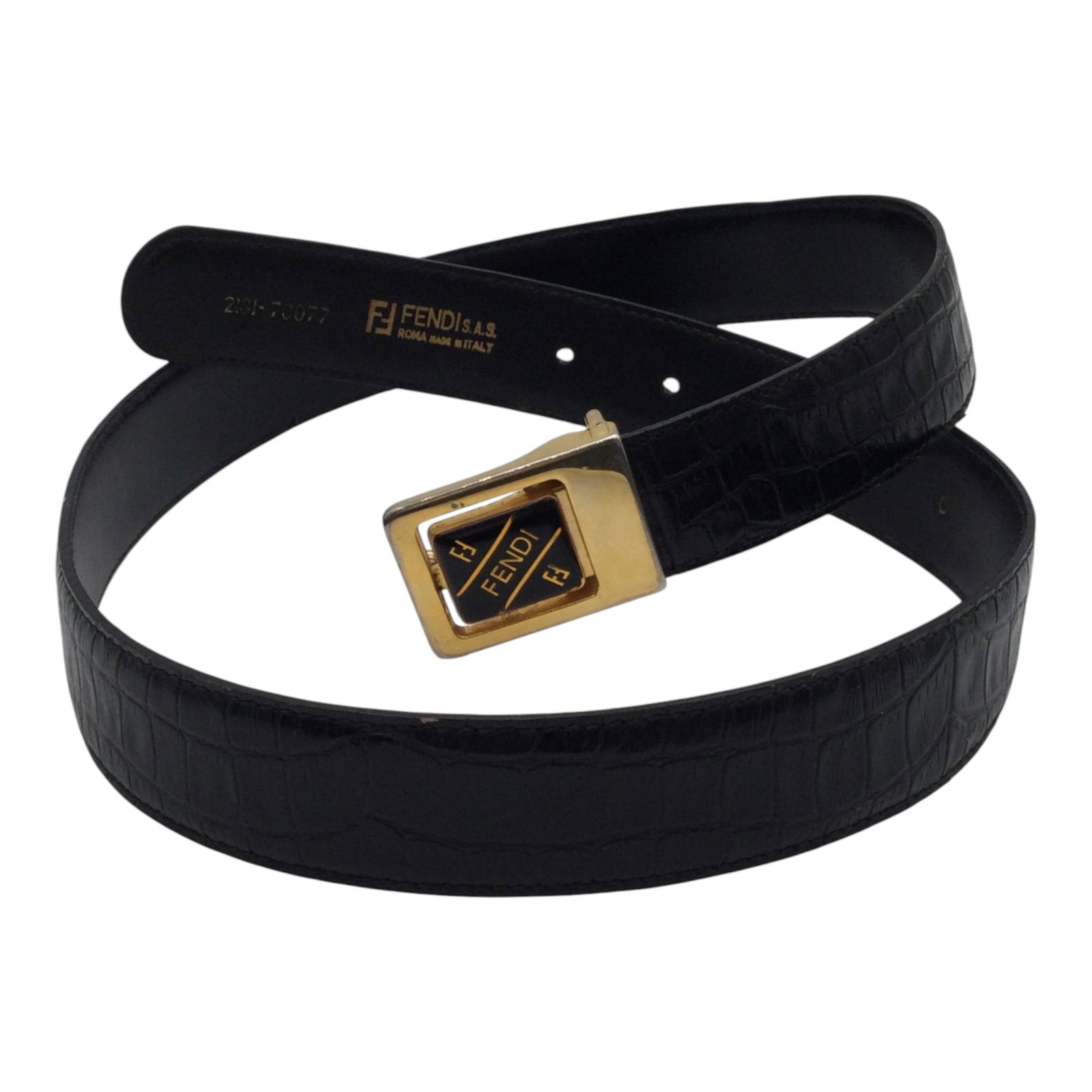 Fendi Leather Belt: Fendi black croc Leather Belt with gold buckle. Approx. 30 -34 inch belt x 1 wide, 3.3 oz.