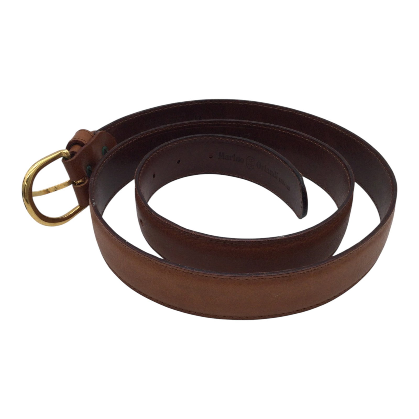 Marino Orlandi Leather Belt: Marino Orlandi brown pebble Leather Belt with gold buckle. Approx. 39-42 inch belt, 1.25 wide. 5 oz.