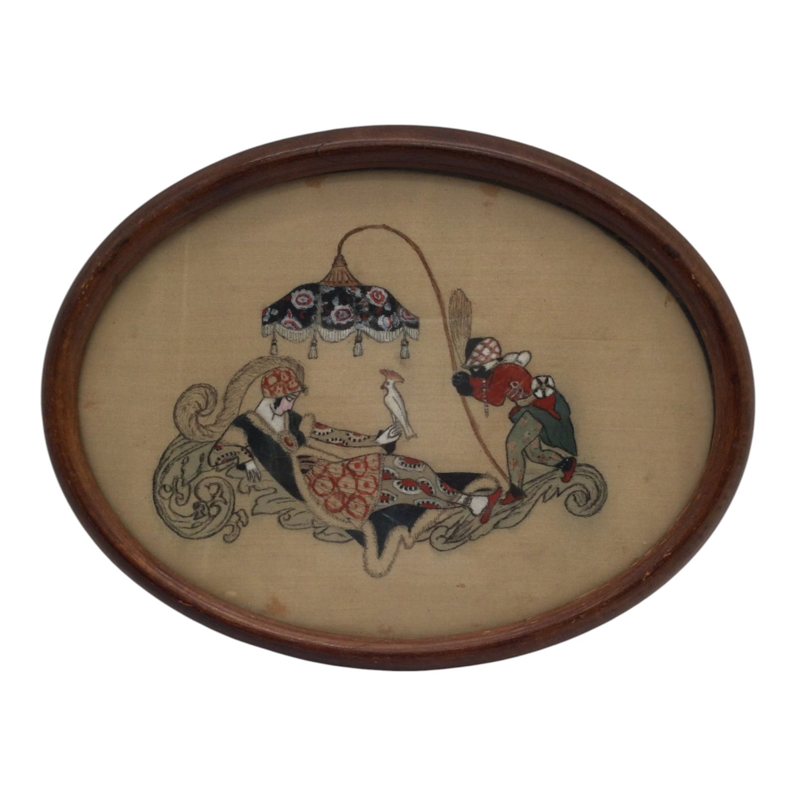 Antique Wall Hung Hand Painted Silk Depicting a Lady and her Servant (1 of 3)