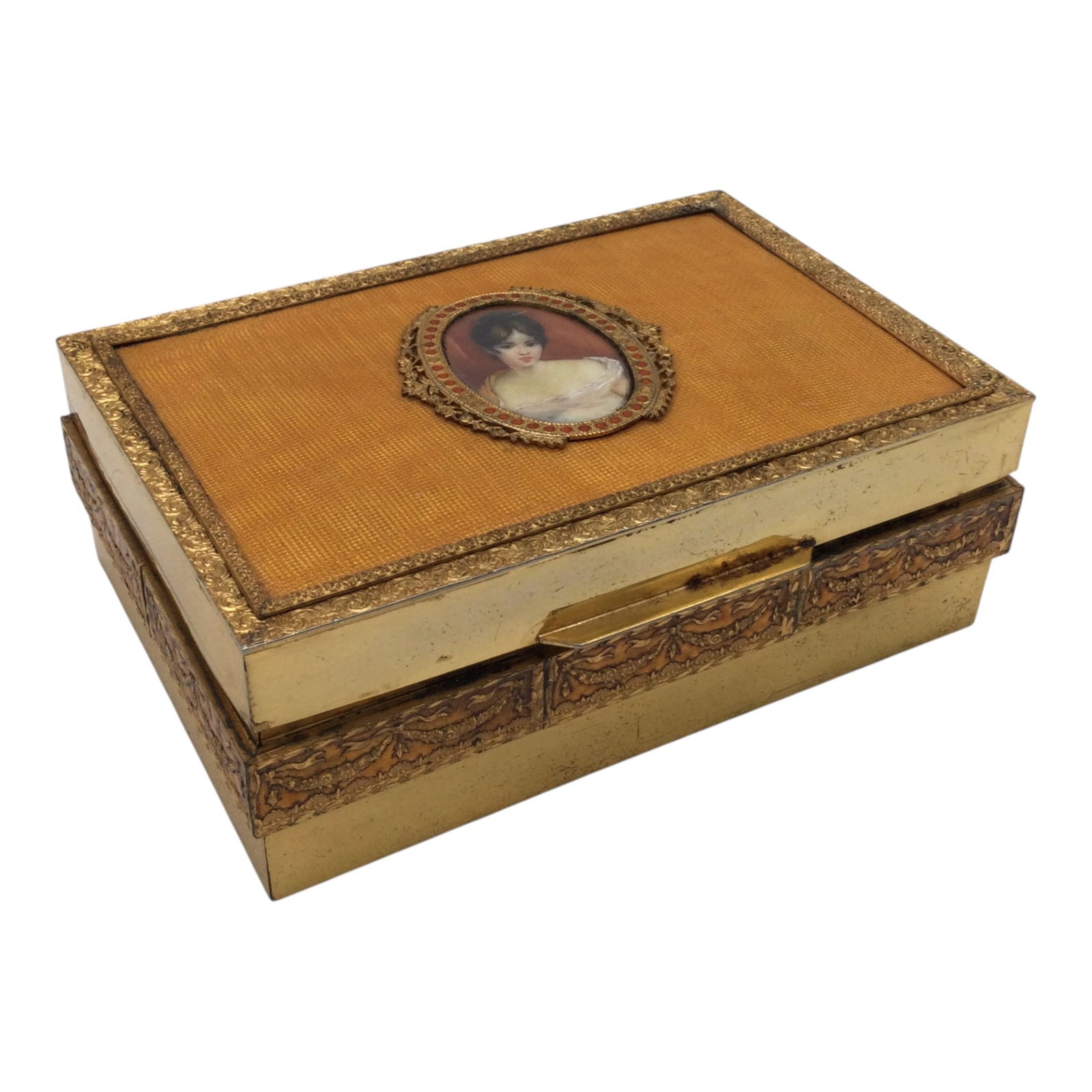 Enamel Brass Trinket Box w/ Hand Painted Portrait: Brass Trinket Box w/ Hand Painted miniature Portrait. Approx. 1.75 inches tall x 5.25 wide x 3.5 deep, 1.3 lbs.