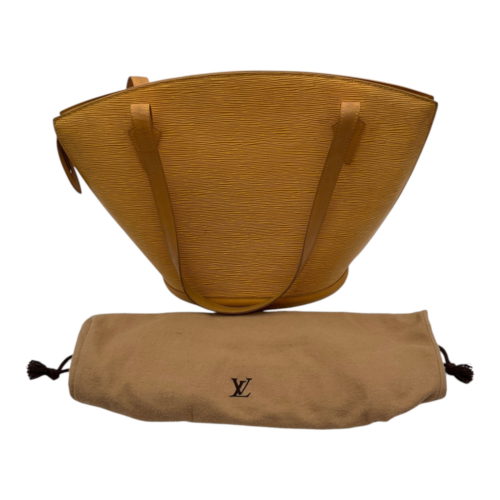 Louis Vuitton Epi Saint Jacques Handbag: Louis Vuitton Epi Saint Jacques yellow leather Handbag. Approx. 10 inch drop, 11.5 tall x 17 wide x 7 deep, 1.11 lbs.