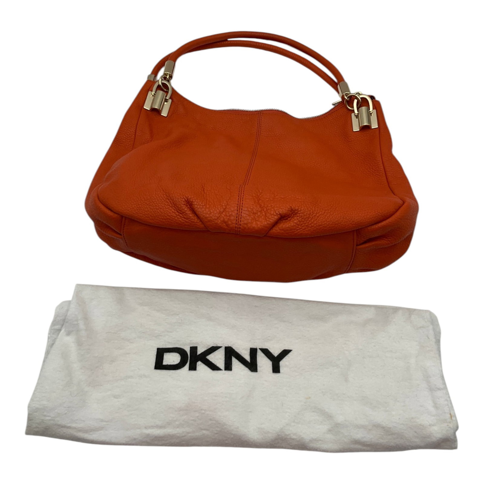 DKNY Leather Hobo Purse: DKNY pebbled orange Leather Hobo Purse. Approx. 7 inch drop, 10 tall x 15 wide x 6 deep, 1.6 lbs.