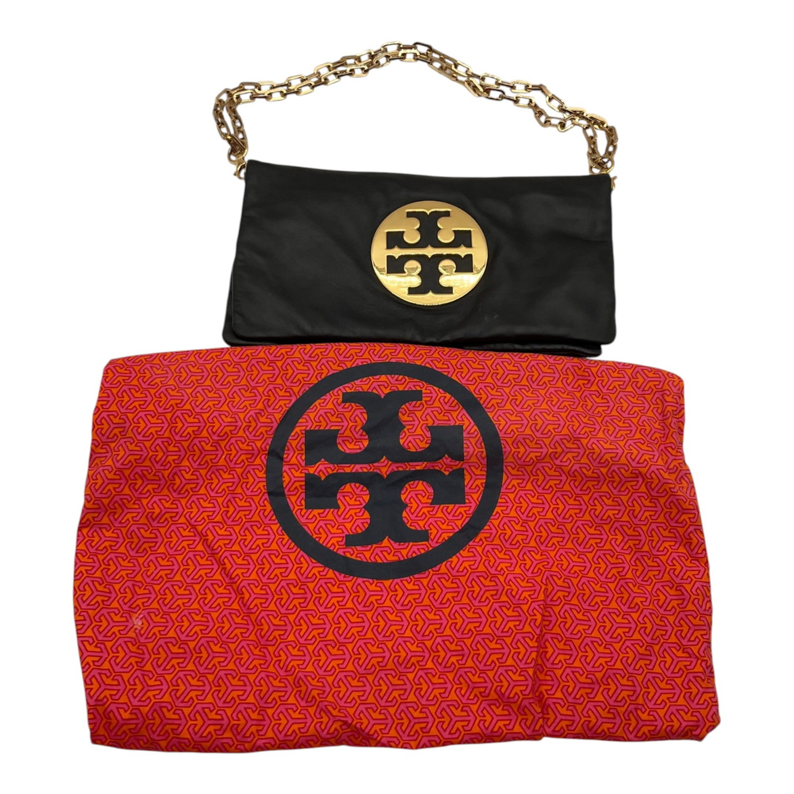 Tory Burch Black Leather Purse: Tory Burch Black Leather Purse with gold emblem and chain. Approx. 10 inch drop x 6 tall x 12 wide.