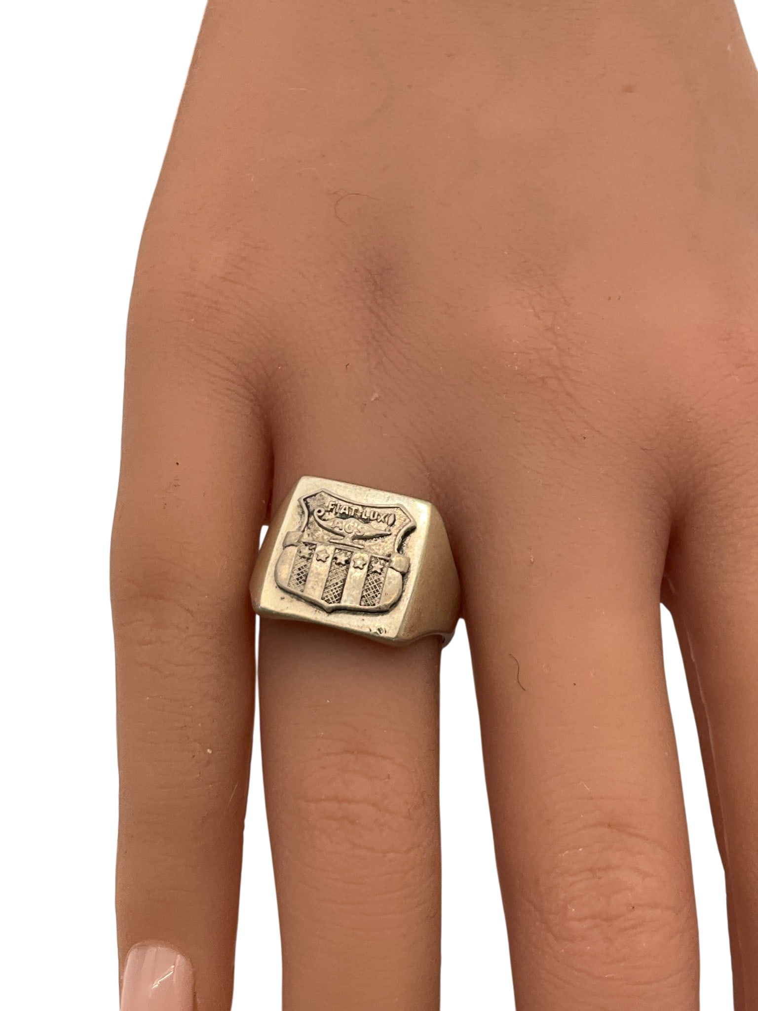 Silver 900 Stamped Men's Shield School Ring 1956: Silver 900 Stamped Men's Shield Ring. "Fial Lux" (Let there be light) and Initials ACS (possibly a school. Inside ring is is inscribed/monogrammed F.I.R. 1956. Approx. Size 9.5, x 5/8 inch deep. 12