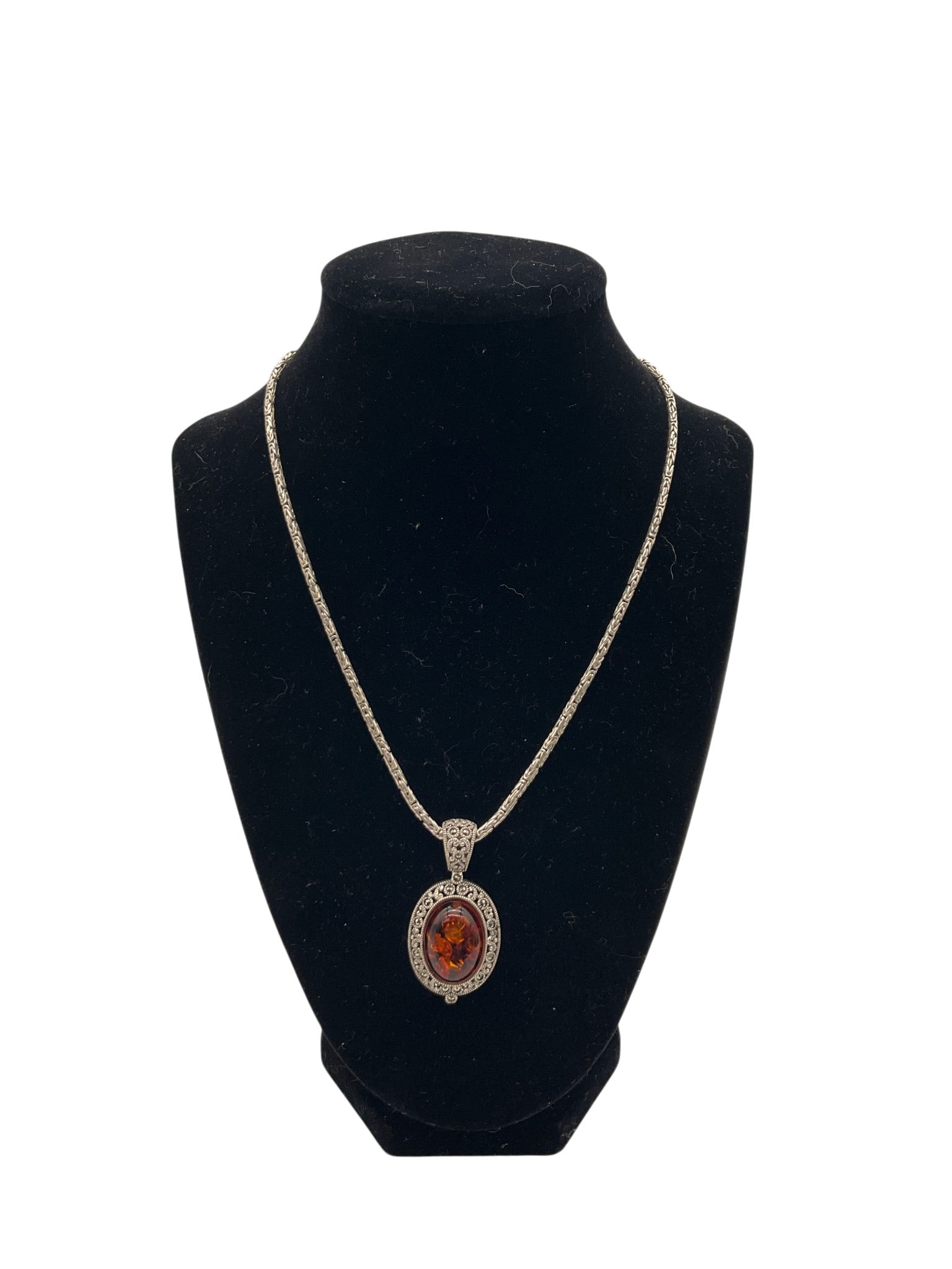 925 Judith Jack Necklace W/Amber Pendant: Marked 925 Sterling Silver hook clasp Necklace and sign stamped JJ 925 sterling silver amber with crystal Pendant. Approx. 17.5 inches end to end, (pendant) 1.75 inches tall x 1 wide x 3/8 deep, 0.8 o
