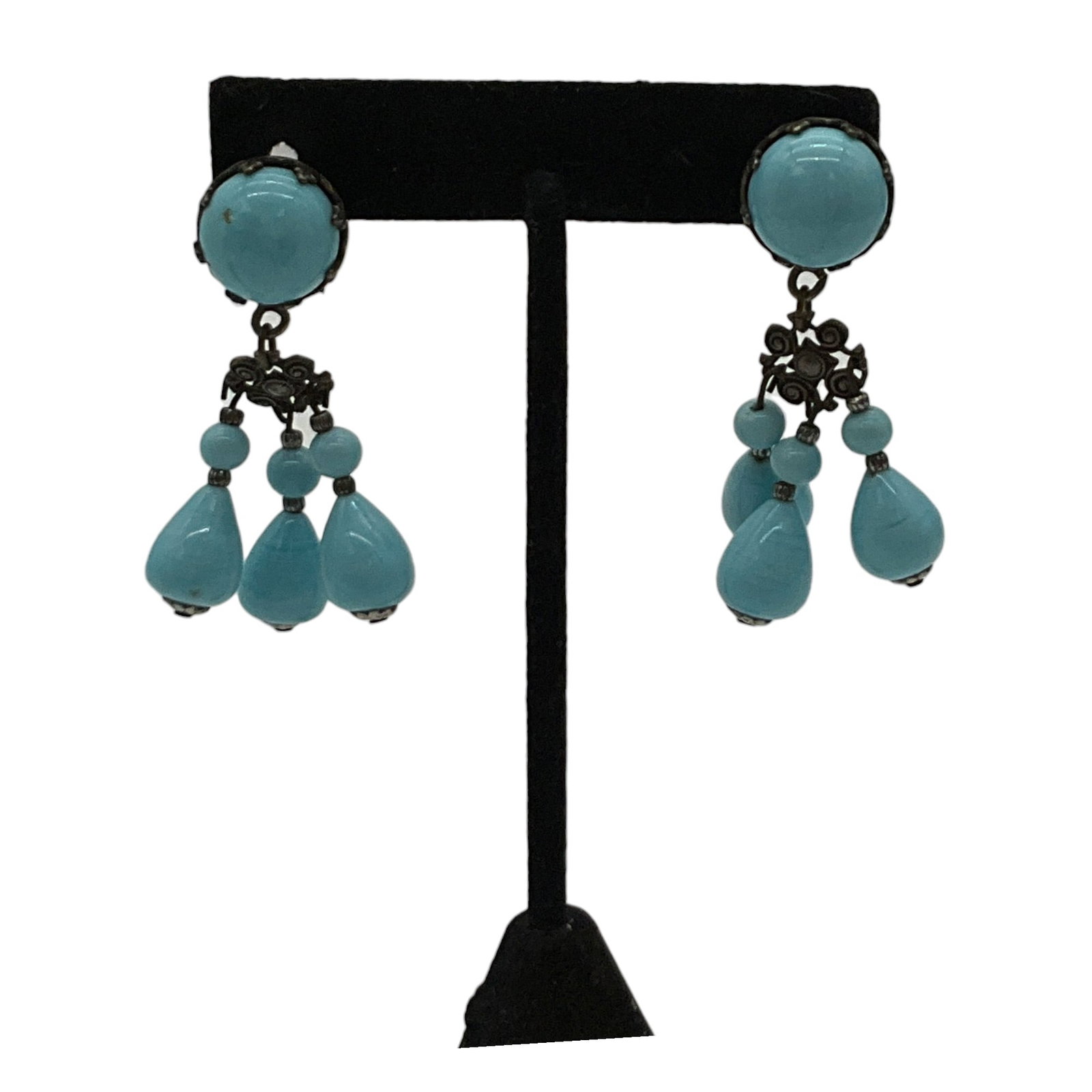 Vintage 925 Blue Beads Drop Dangle Clip-on Earrings: Vintage 925 sky blue Glass Bead Dangle Clip-on Earrings. Approx. 2 inches tall x 1 wide x 3/8s deep, 0.8 oz.