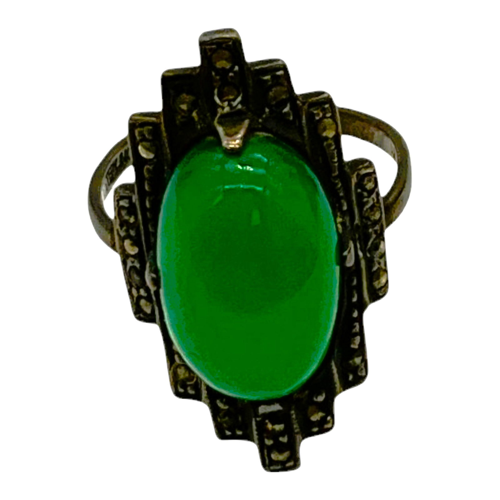 German Sterling Silver Marked Art Deco Ring: Germany Sterling Silver Marked Art Deco Ring with green cabochon. Approx size 6, 1 inch tall x 0.75 wide x 1 deep, 0.1 oz.