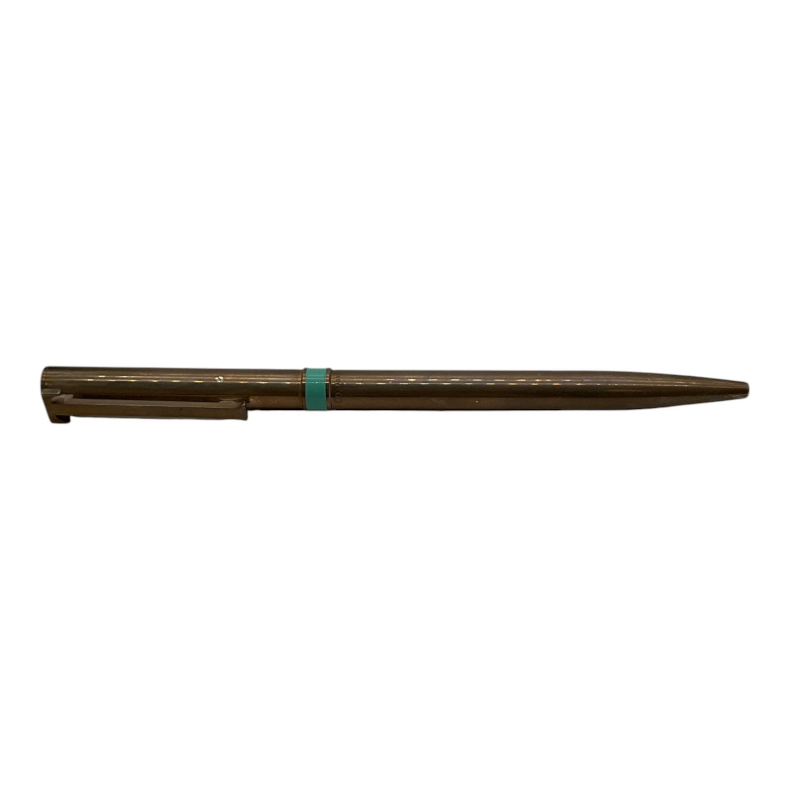 Sterling Silver Marked AG 925 Tiffany and Co. T Clip Pen: Sterling Silver Marked AG 925 Tiffany and Co. ballpoint Pen with teal enamel band. Approx. 5.25 inches tall x 0.25 across, 0.8 oz.