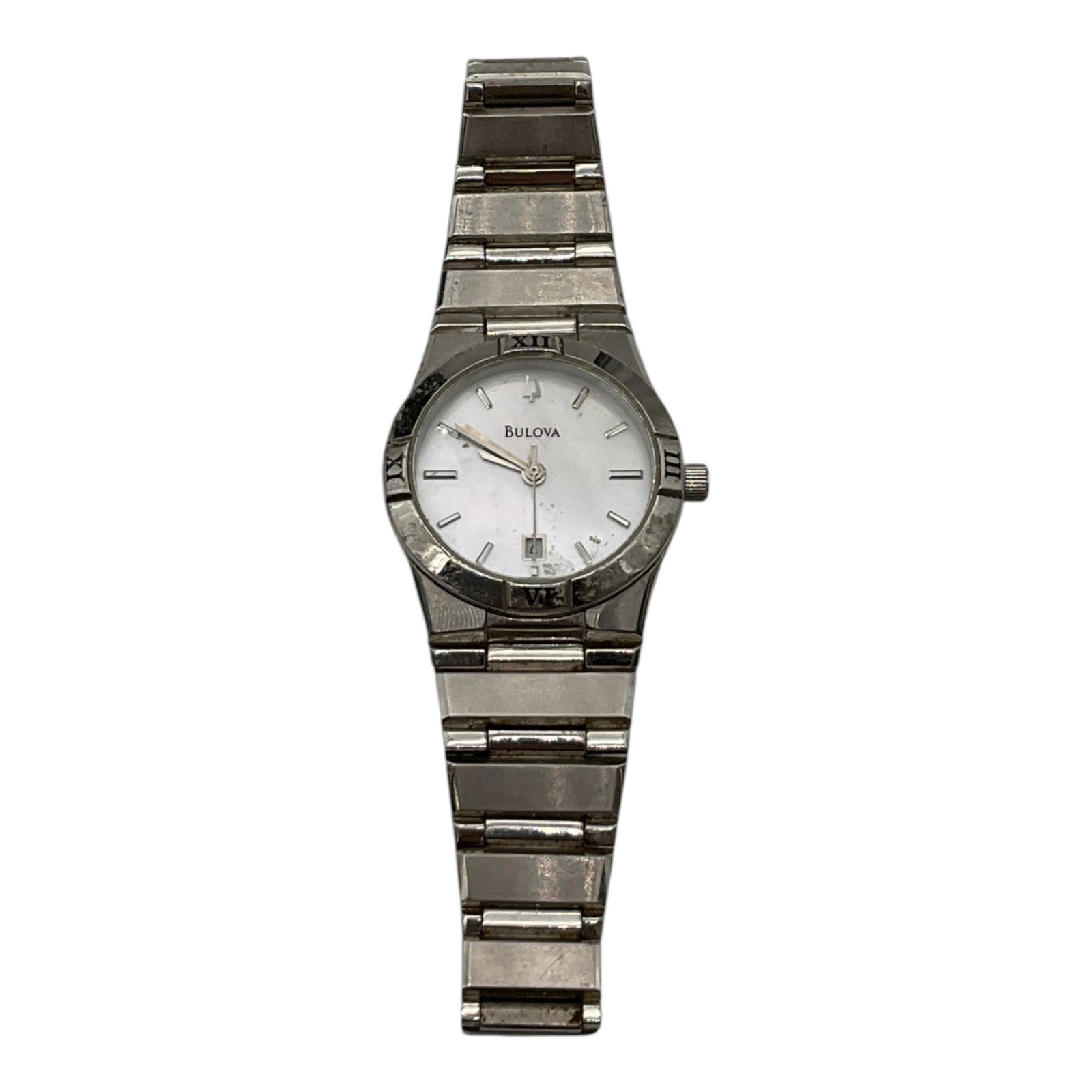 Bulova Women's Windemere Watch: Bulova Women's Windemere stainless steel Watch with mother of pearl dial. Approx. 2 inches across interior x 1-1/8 wide.