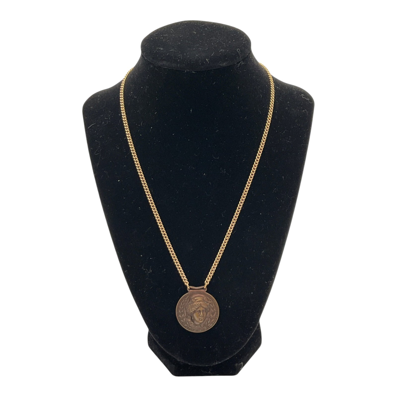 Bronze Cast Medallion on Gold Filled Necklace: Liberty head Bronze Cast Medallion on 1/20 gold filled chain Necklace. Approx. 18 inches end to end (medallion) 1.25 tall x 1-1/8 wide.