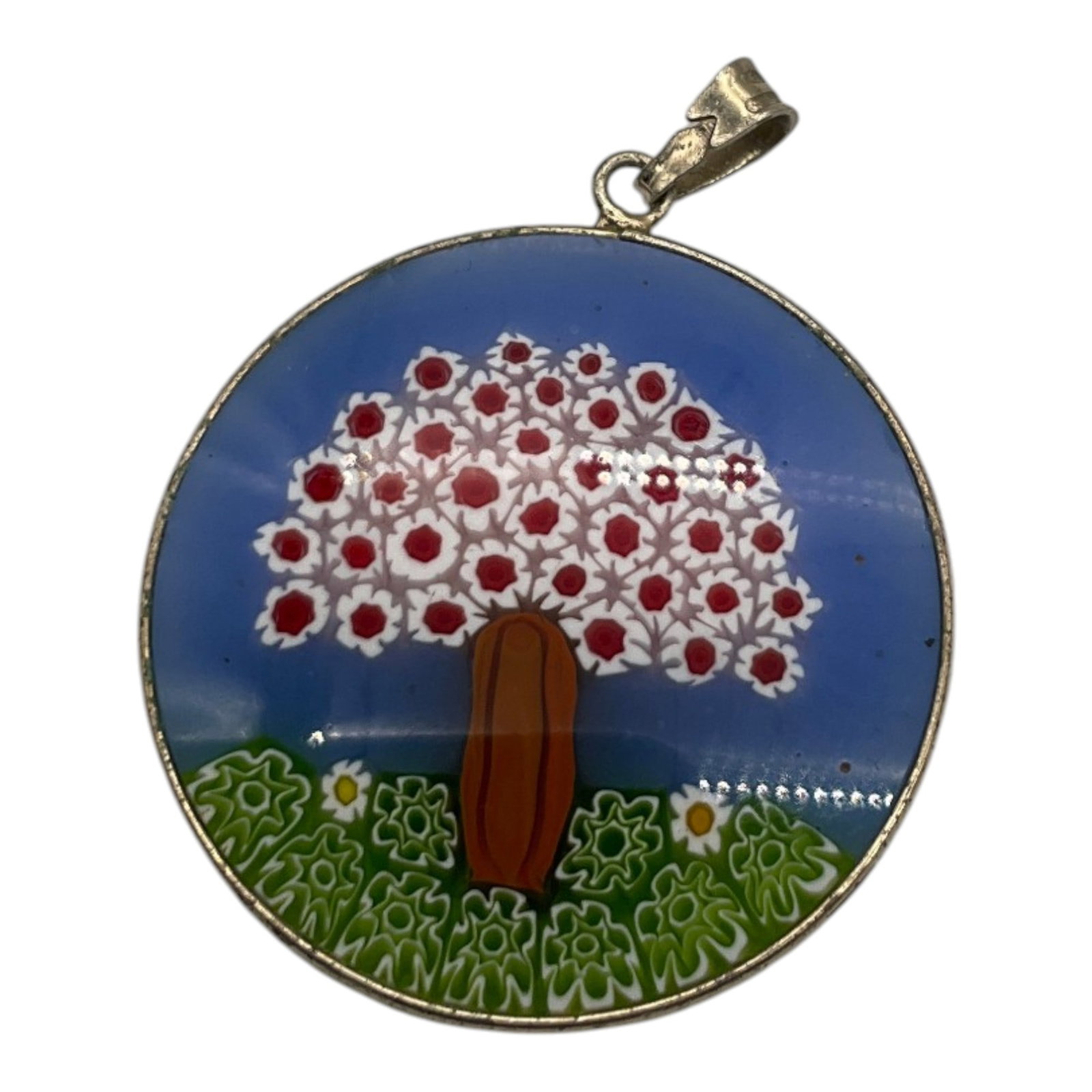 Marked AMV 925 Sterling Silver Bezel Millefiori Pendant: Marked AMV 925 Sterling Silver Bezel Millefiori tree Pendant. Approx. 1-5/8 inches tall x 1.25 wide.