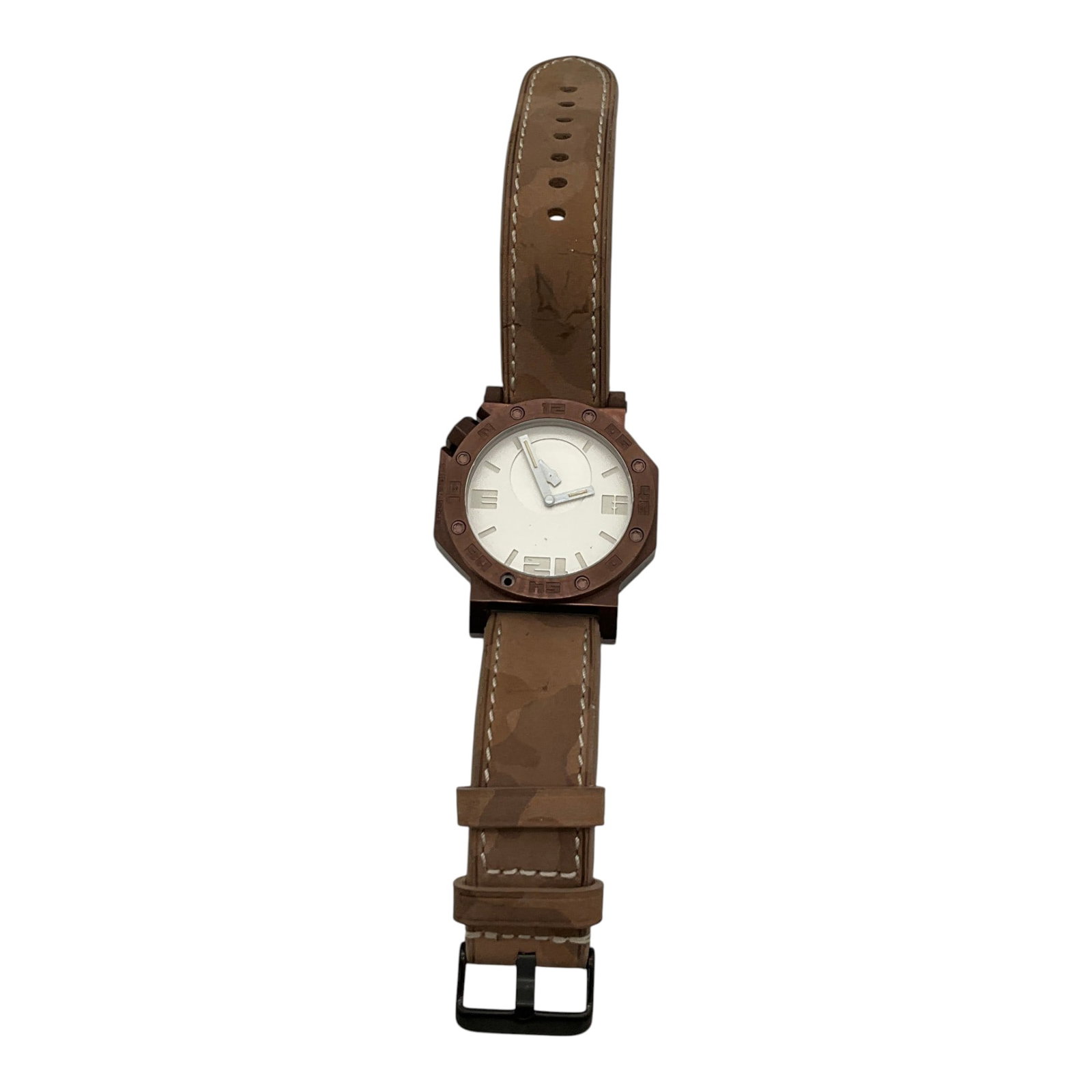 Staalblock Super Size Men's Watch Germany: Staalblock Super Size Men's bronze-coated Watch. Made in Germany. Wristband is camo design on leather. Approx. 7-8 inches wrist band x 1-7/8 wide.