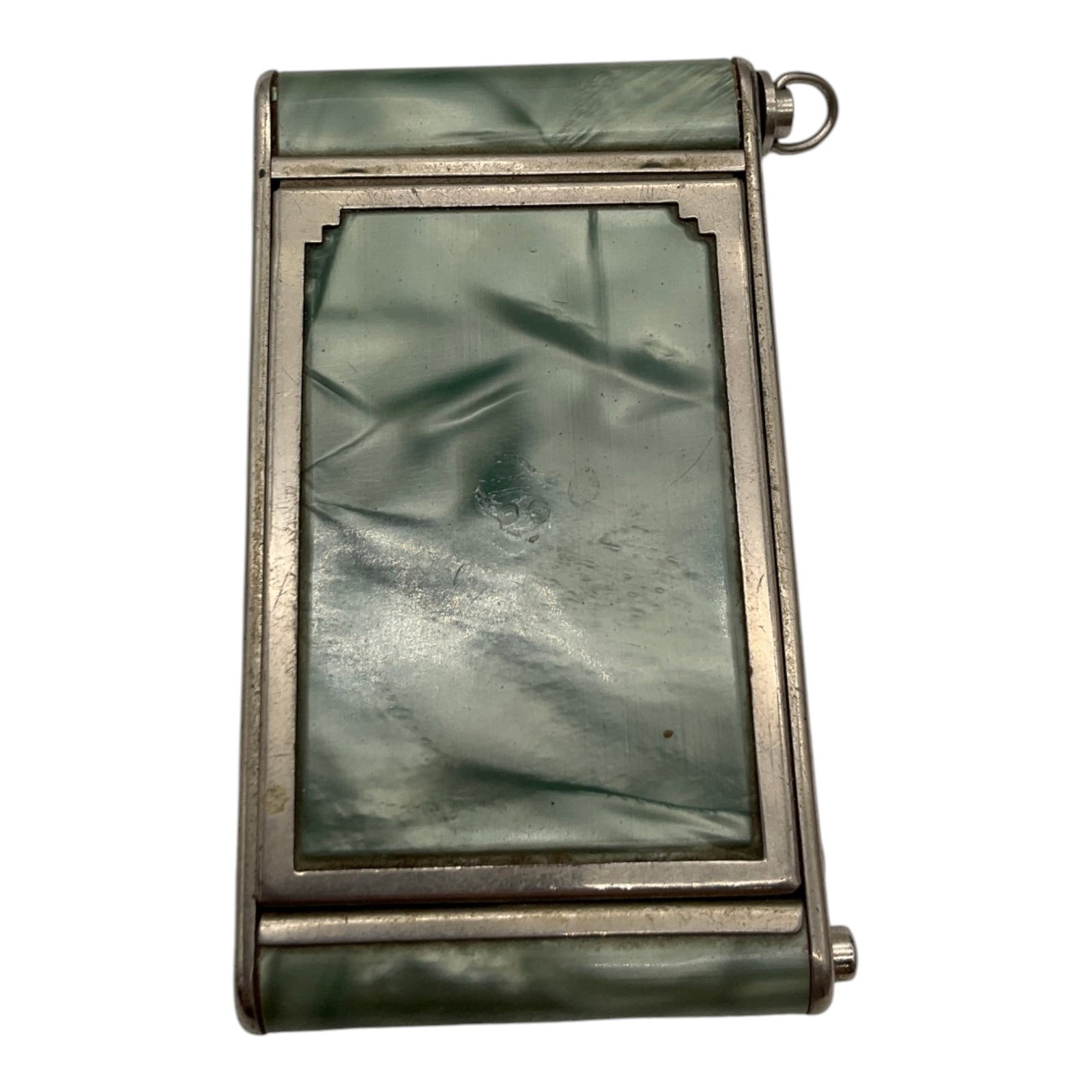 Girey Makeup Compact: Girey Makeup Compact with green marble celluloid exterior. Approx. 0.25 inches tall x 3.75 inches wide x 2.25 deep.