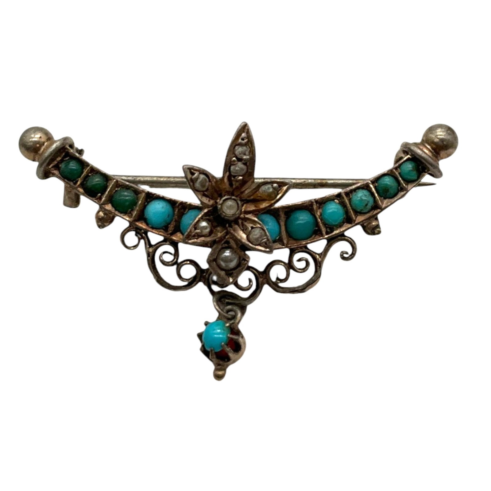 800 Silver Turquoise Beaded Crescent Brooch: 800 (tested, not marked) SilverTurquoise Beaded Crescent and flower Brooch. Approx. 1 inch tall x 1.75 wide.