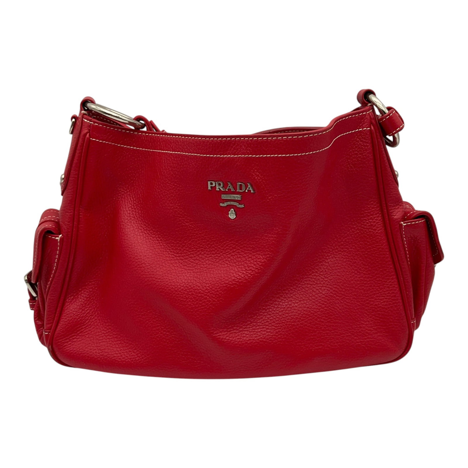 Prada Red Leather Purse: Prada Red Leather shoulder bag. Approx. 9 inch drop, 10 tall x 15 wide x 4 deep.