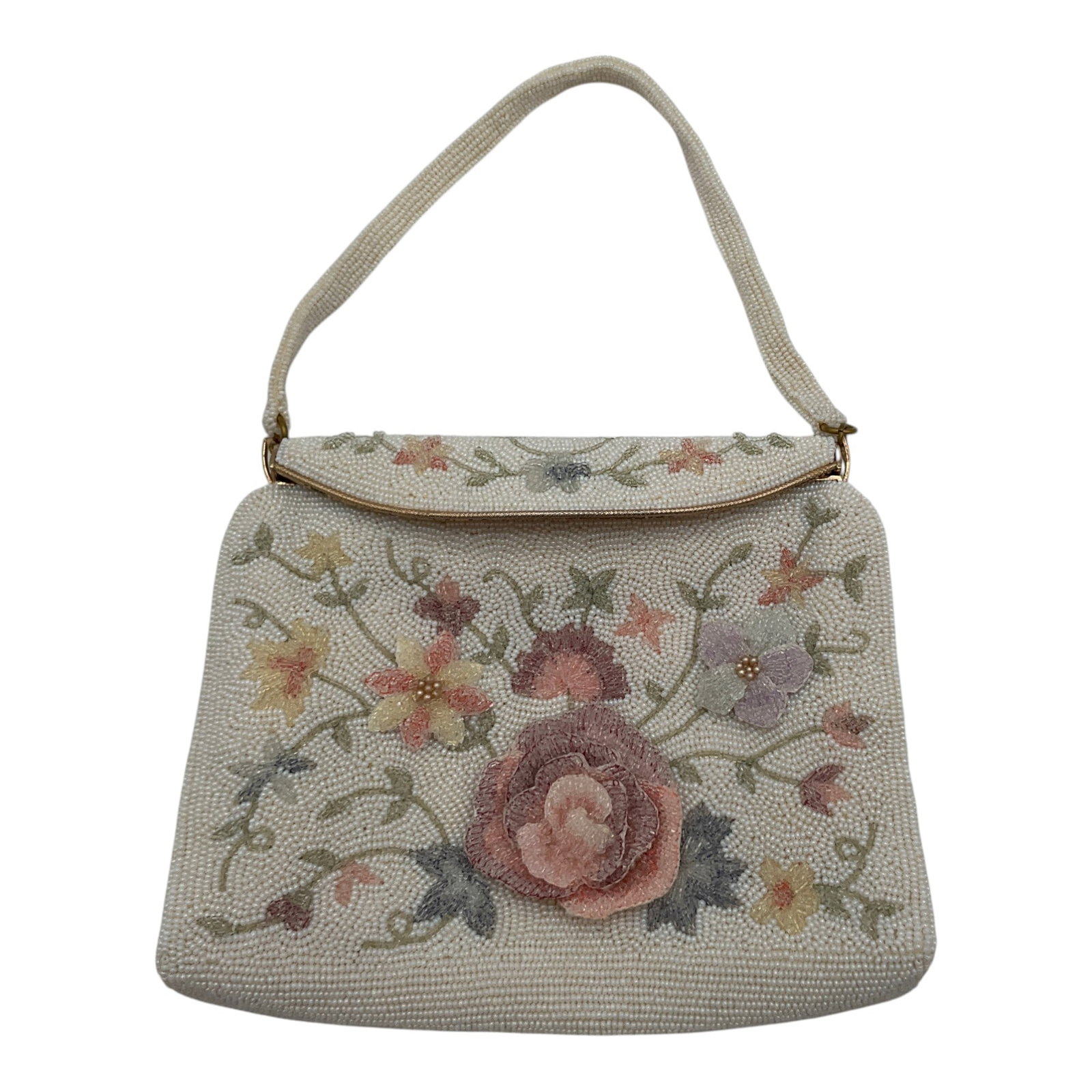 La Regal Original Made in Japan Beaded Evening Handbag: La Regal Original Made in Japan with Italian beads floral designed Beaded Evening Handbag. Approx. 5.5 inch drop, 6 tall x 8 wide x 1.5 deep, 1.2 lbs.