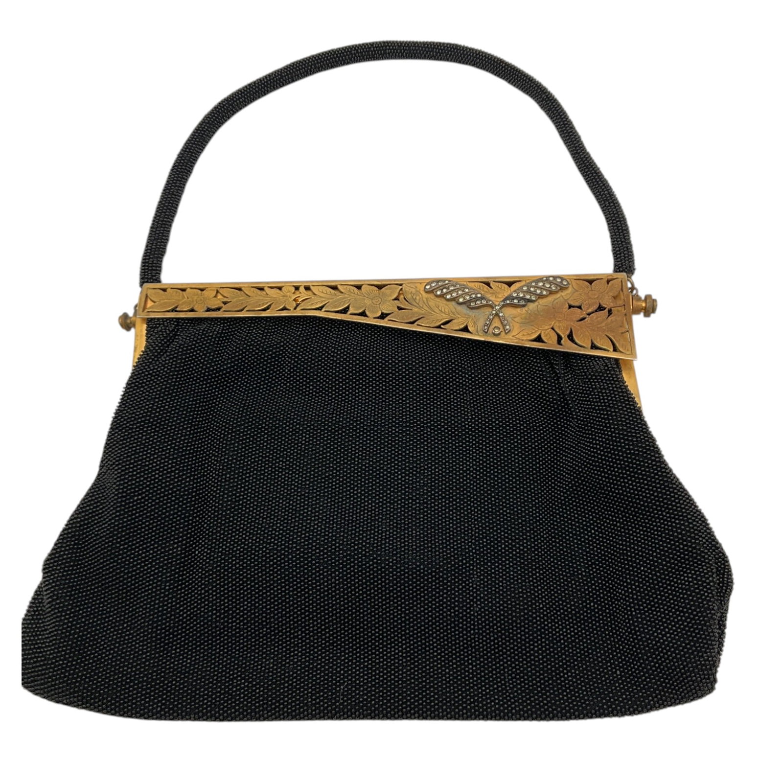 Black Beaded Evening Handbag: Black Beaded Evening Handbag with metal frame. Approx. 5.5 inch drop, 6 tall x 9 wide x 0.25 deep, 10.4 oz.