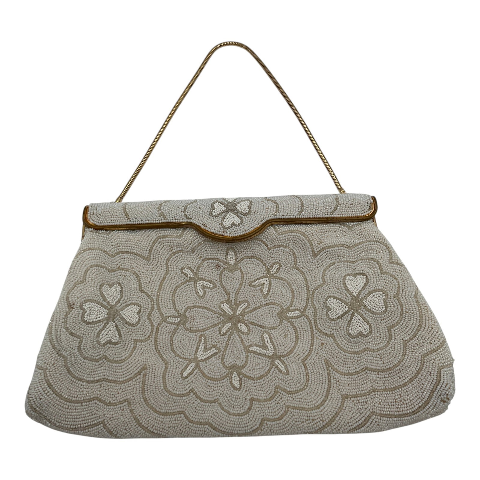 French Made Beaded Evening Purse: French Made white Beaded Evening Purse. Approx. 4.5 inch drop, 5.5 tall x 9 wide x 1.5 deep,11.9 oz.
