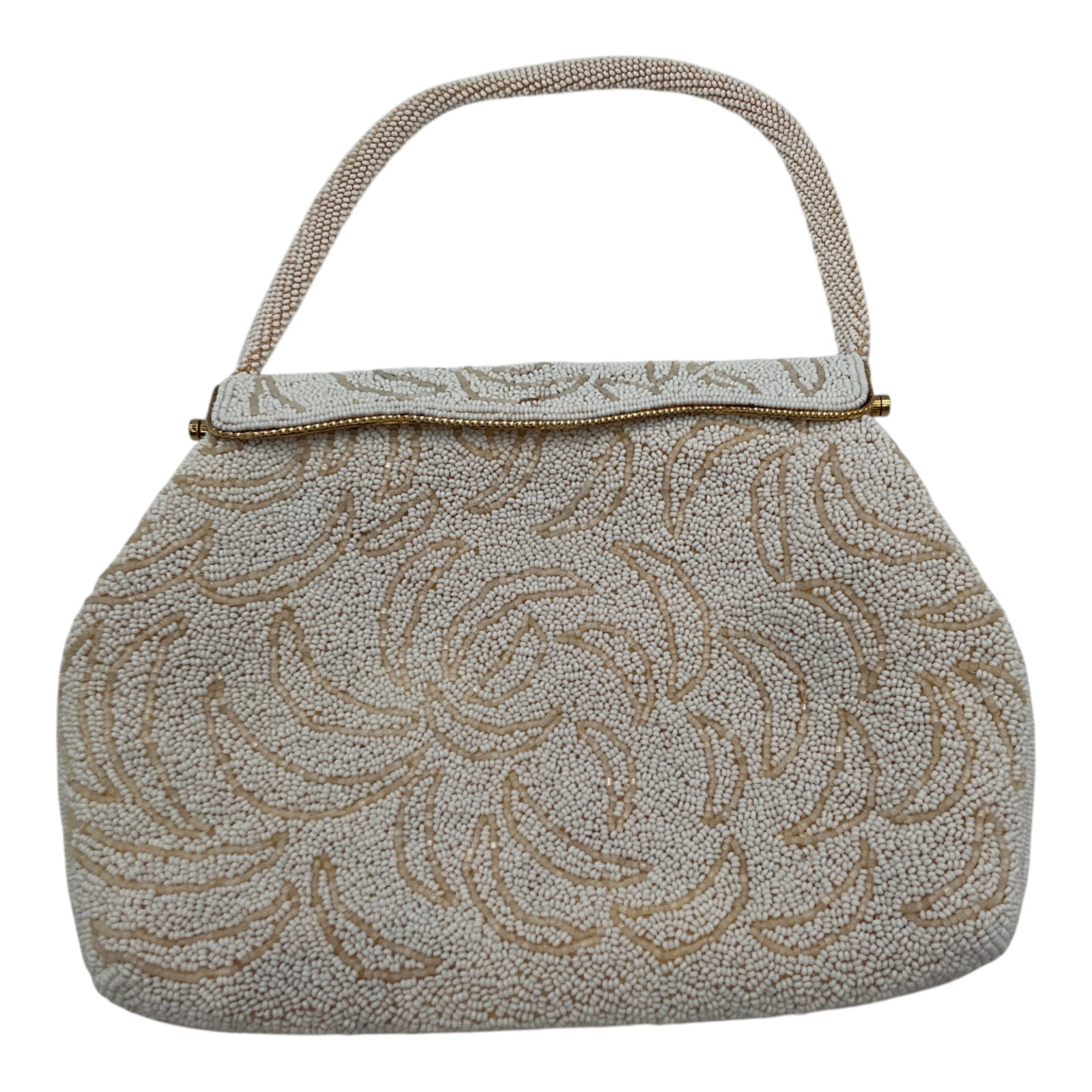 White Beaded Evening Handbag Made in Hong Kong: White Beaded Evening Handbag Made in Hong Kong. Approx. 6 inch drop, 6.5 tall x 9 wide x 1 deep, 1.1 lbs.