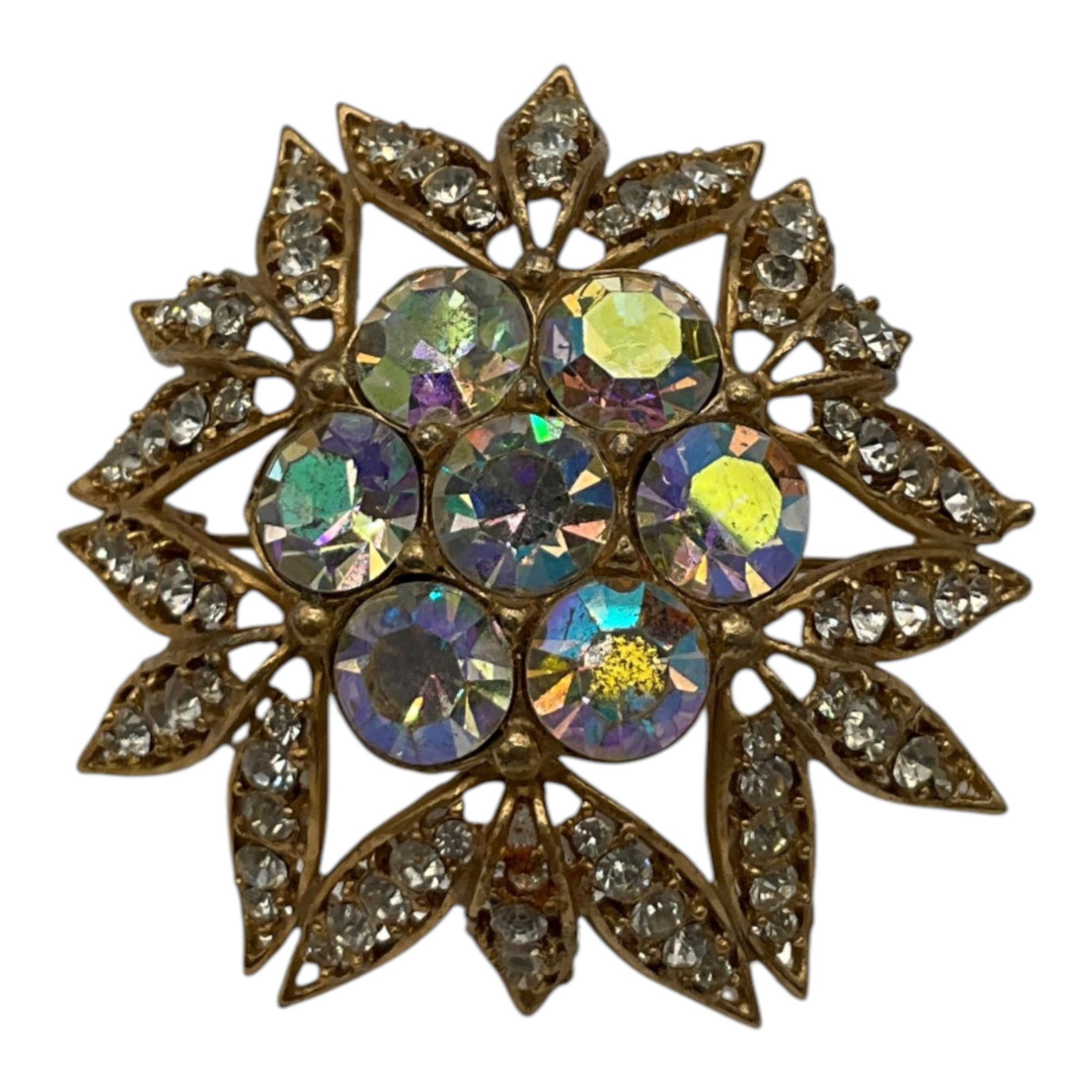 Vintage AB Rhinestone Brooch by Royal: Royal Signed iridescent Rhinestone domed start Brooch. Approx. 2.5 inches across x 1 deep.
