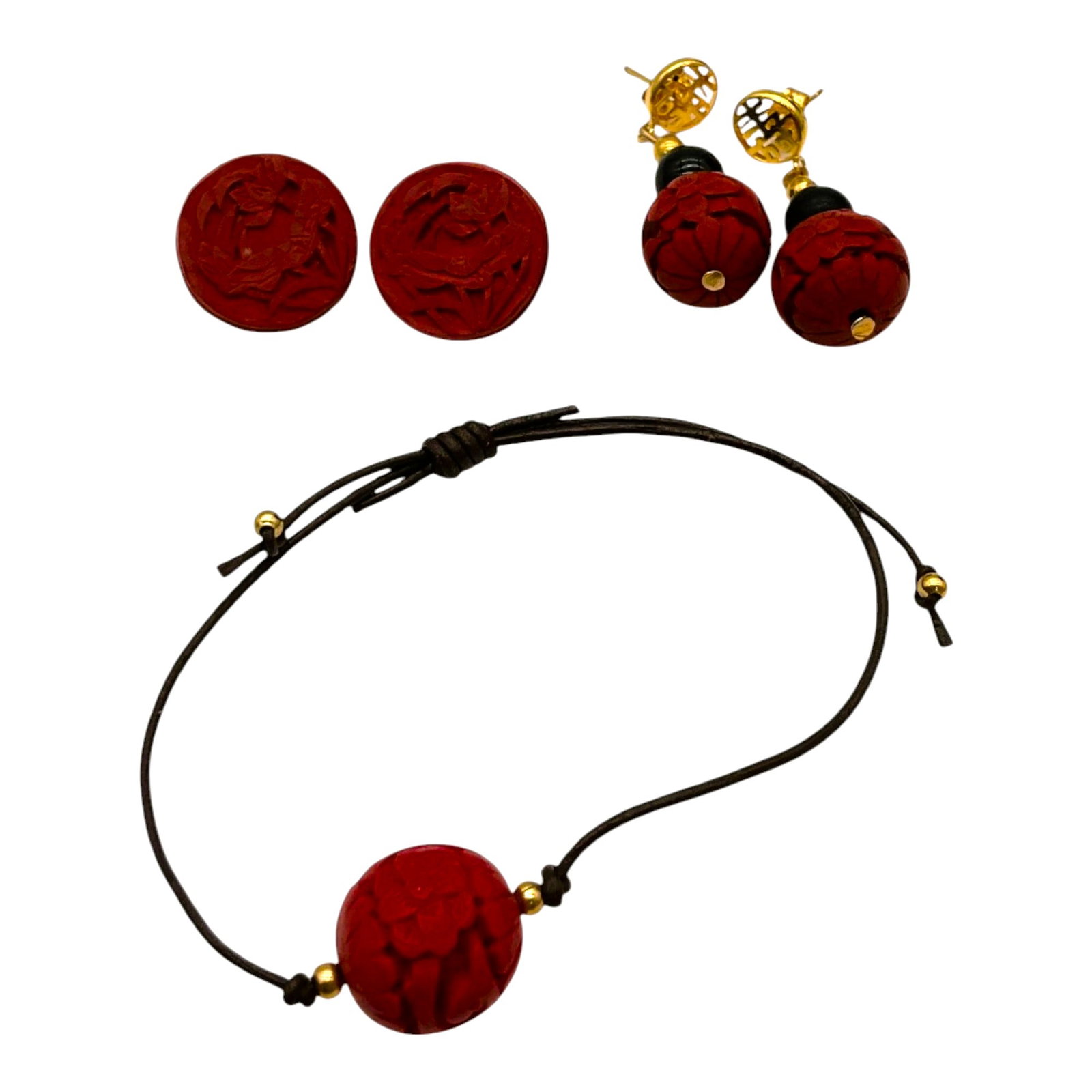 Lot of 3 Chinese Carved Cinnabar Jewelry (1 of 6)