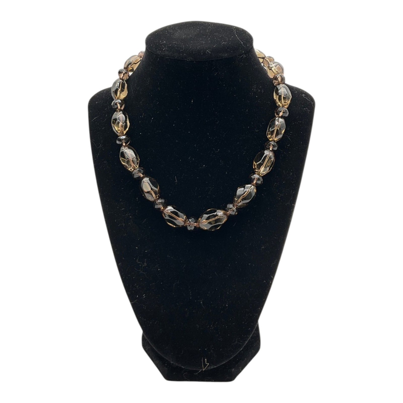 Vintage Chunky Glass Beaded Necklace w/ 14k GSF Clasp: Vintage Chunky Smokey Glass Beaded Necklace w/ marked 14k GSF Clasp. Approx. 16.5 inches end to end x 0.5 wide.