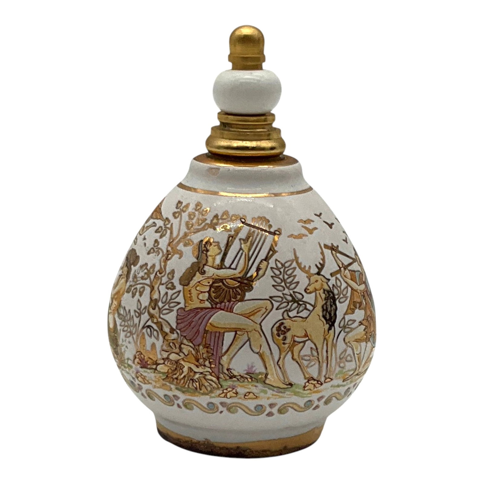 Ceramic Perfume Bottle: Ceramic Perfume Bottle and dauber with Grecian art work. Approx. 2.25 inches tall x 1.5 across.
