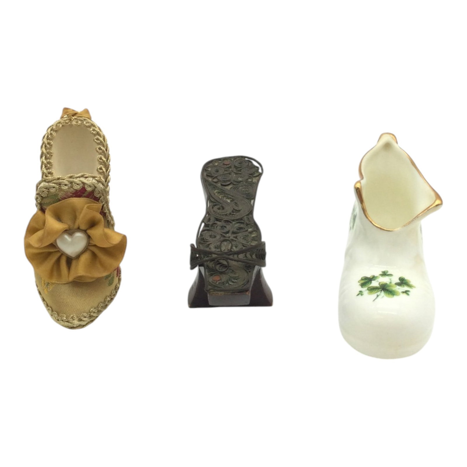Lot of 3 Miniature Decorative Shoes: Vintage Miniature Turkish Wooden Filigree Metal Clog / Nalin Clog. Approx. 2 inches tall x 1 wide x 3.75 deep, 1.2 oz. Erin China Carrigaline County Cork Ireland Hand Painted shamrock Boot. Approx. 2 