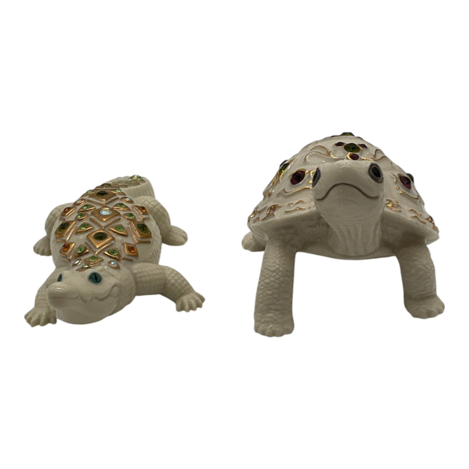 Pair Lenox Woodland Jewels Porcelain Figurines: Pair Lenox Woodland Jewels ivory Porcelain Figurines, an aligator and turtle with 24k gold accent and crystal gems.. Approx. 3 inches tall x 3 wide x 6 deep.