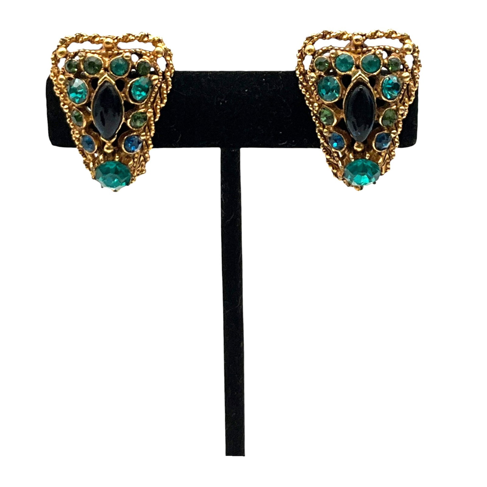 Florenza Rhinestone Clip-on Earrings: Florenza gold tone with blue and green Rhinestone Clip-on Earrings. Approx. 1 inch across.