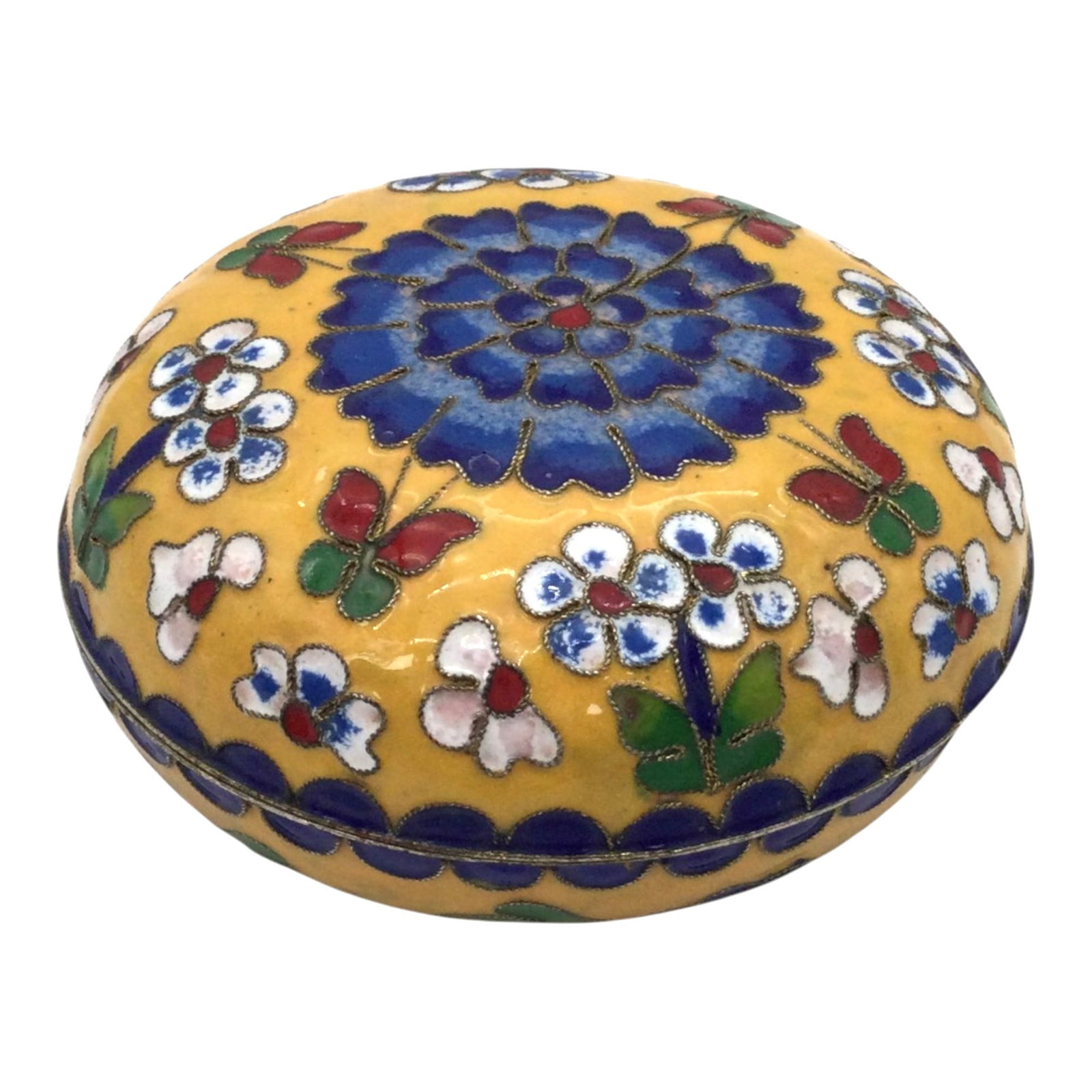 Cloisonne Trinket Box: Cloisonne Trinket Box yellow with blue floral and red and green butterfly design. Approx. 2 inches tall x 4 across, 3.9 oz.