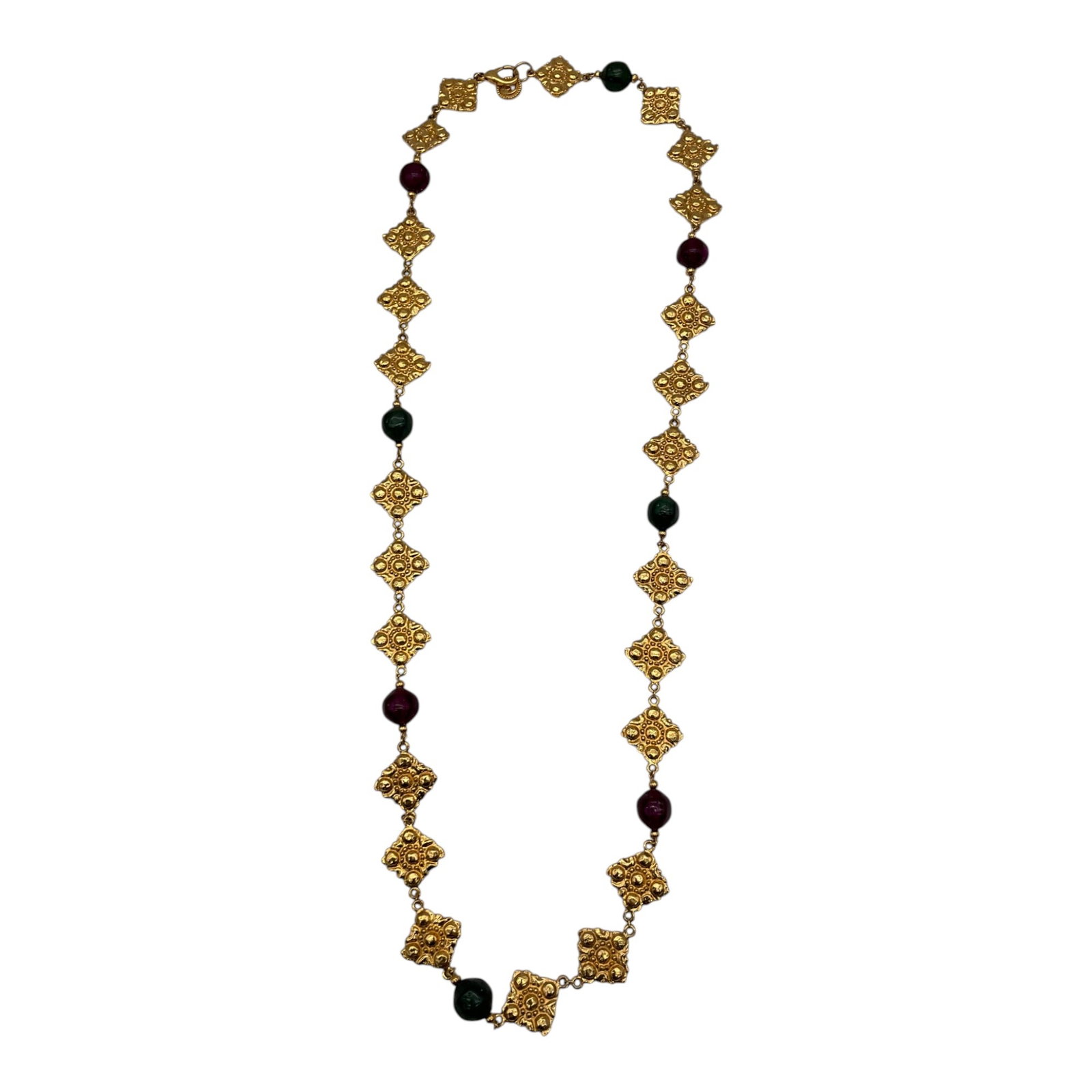 St. John Gold Tone and Glass Bead Necklace: St. John textured Gold Tone link necklace with purple and green Glass Beads. Approx. 39 inches end to end x 1 wide.