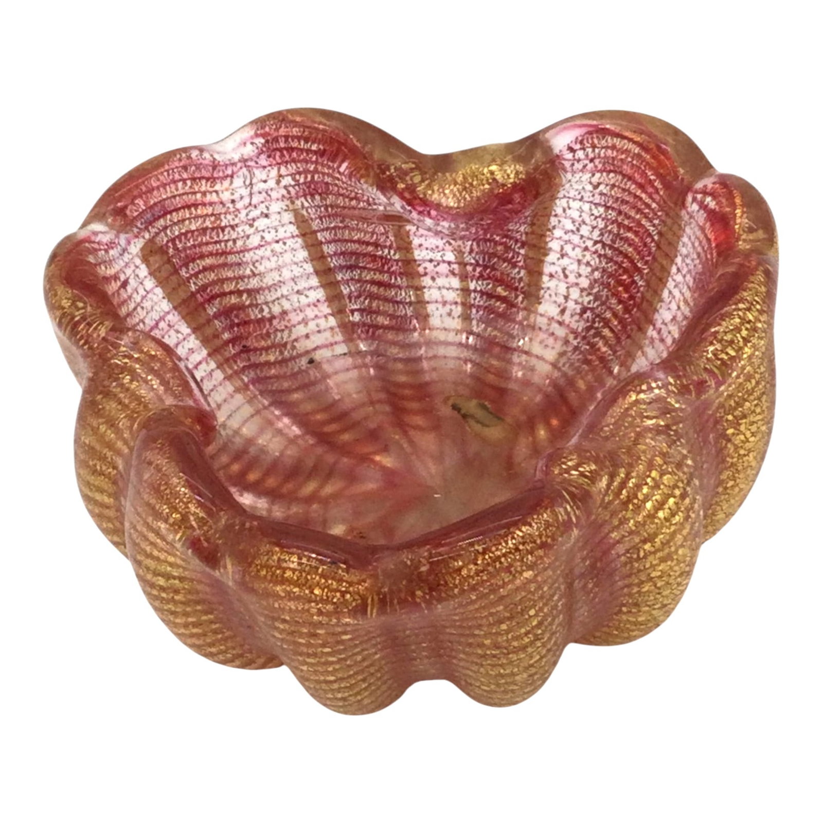 Giacobbe Murano Art Glass Candy Bowl: Giacobbe Murano Art Glass Candy Bowl with gold and red striped design. Approx. 1.5 inches tall x 3.5 across, 7.6 oz.
