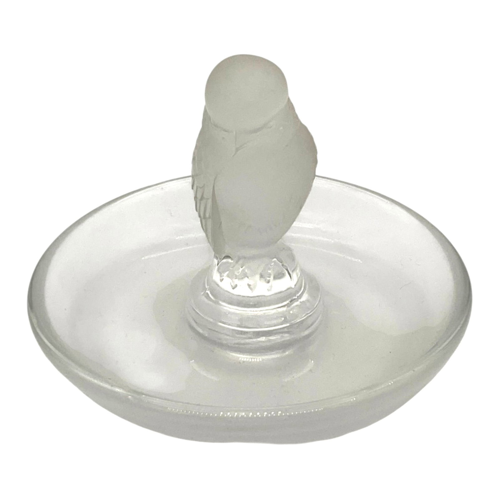 Lalique Crystal Owl Ring Tray: Lalique Crystal frosted Owl and clear Ring dish Tray. Approx. 2.5 inches tall x 4 across.