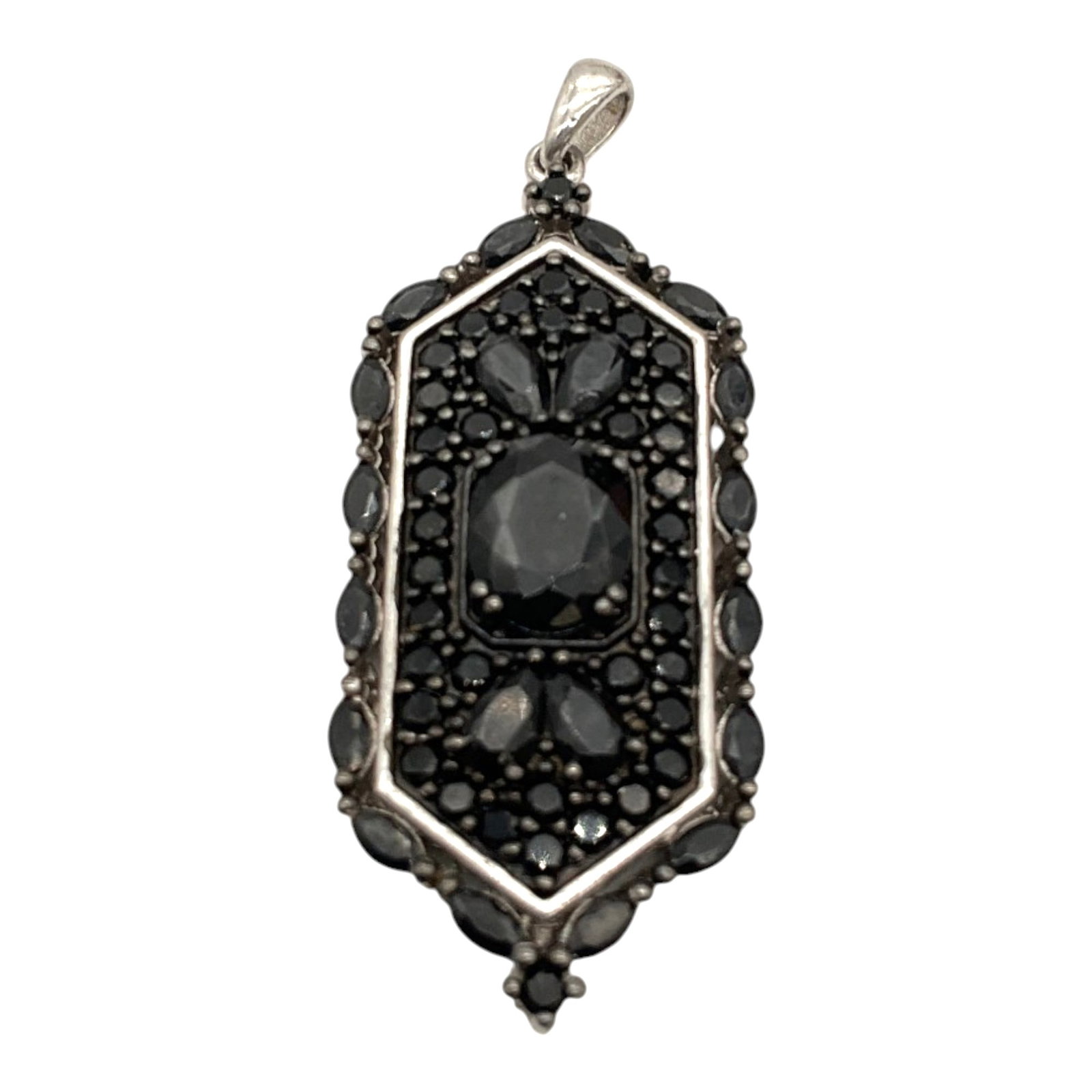 Marked BBJ 925 Sterling Silver Pendant: Marked BBJ 925 Sterling Silver and onyx Pendant. Approx. 1.75 inches tall x 0.75 wide.
