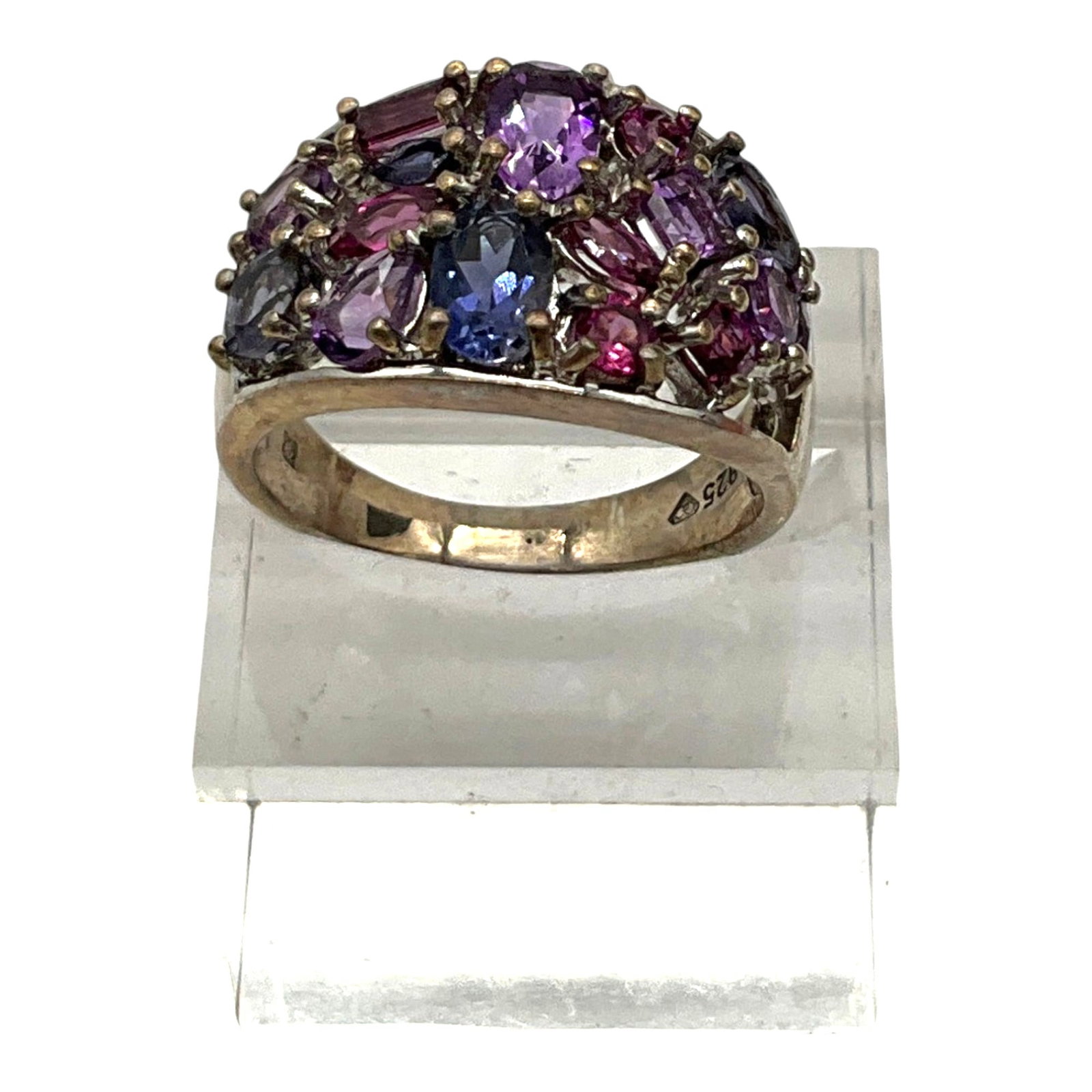 Vintage Designer Signed 925 Multi Color Gemstone Ring Sz. 8: Vintage Designer Signed 925 Multi Color purple and blue Gemstone Ring Sz. 8. Approx. 0.5 inches tall x 7/8 wide x 7/8 deep, 0.3 oz.