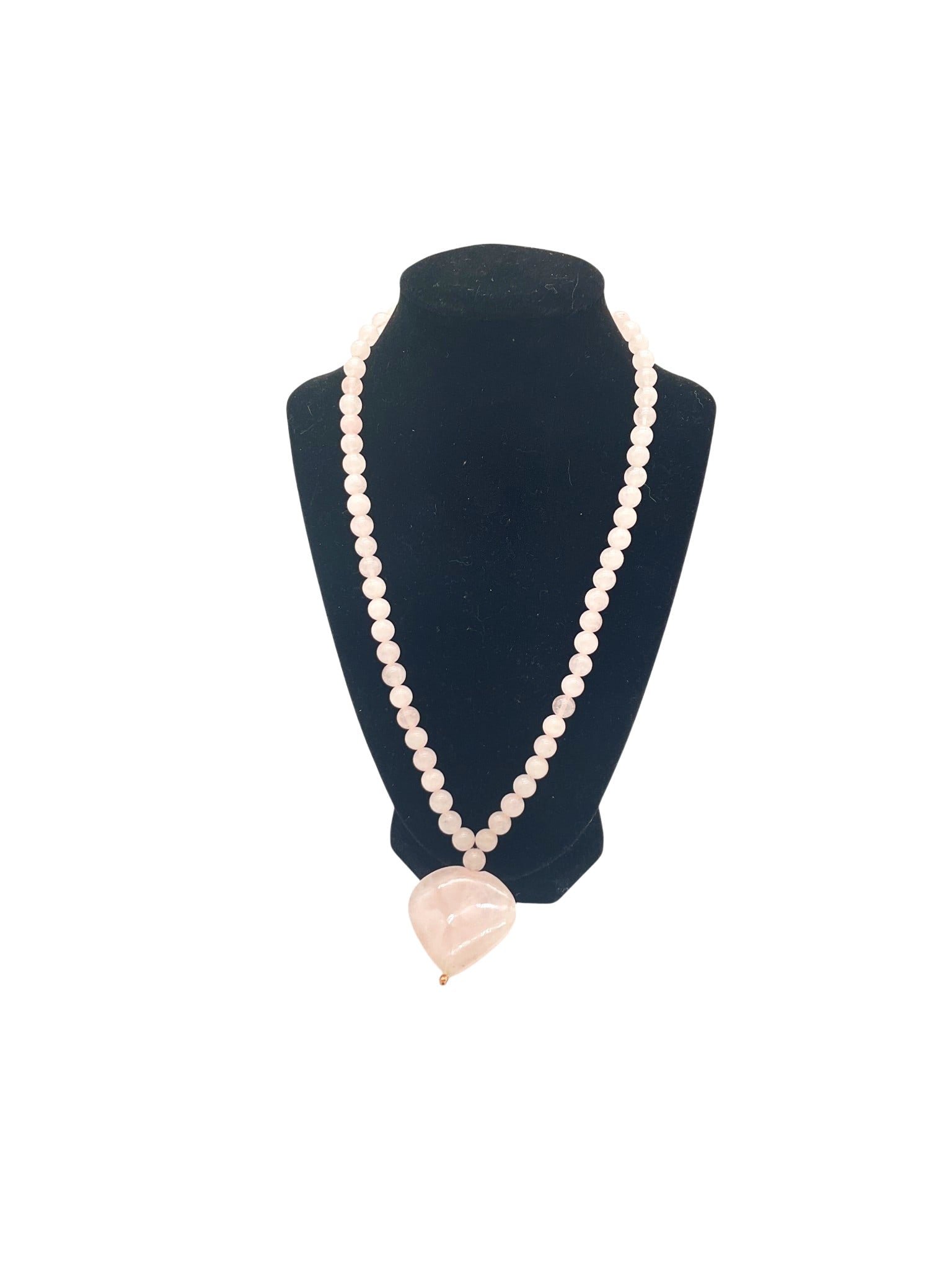 Vintage 925 Designer RB Rose Quartz Necklace w/Heart Pendant: Vintage RB Signed 925 Clasp Rose Quartz beaded Necklace with Chunky Heart pendant. Approx. 23 inches end to end (pendant) 2 tall x 1.5wide.