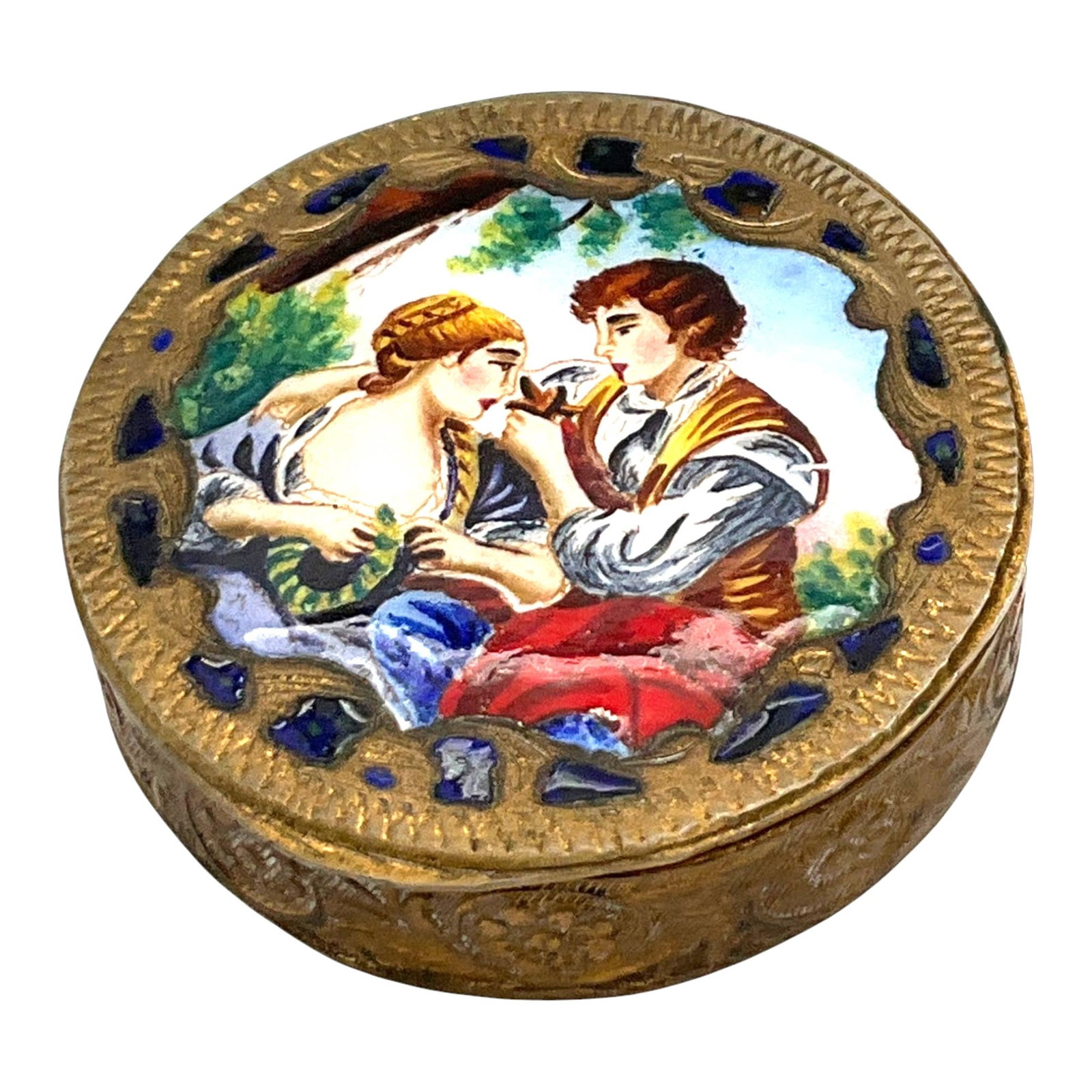 Vintage Italian Enamel Trinket Box: Vintage Enamel Trincket Box, stamped Made in Italy. Approx. 3/8 inches tall x1.5 across.