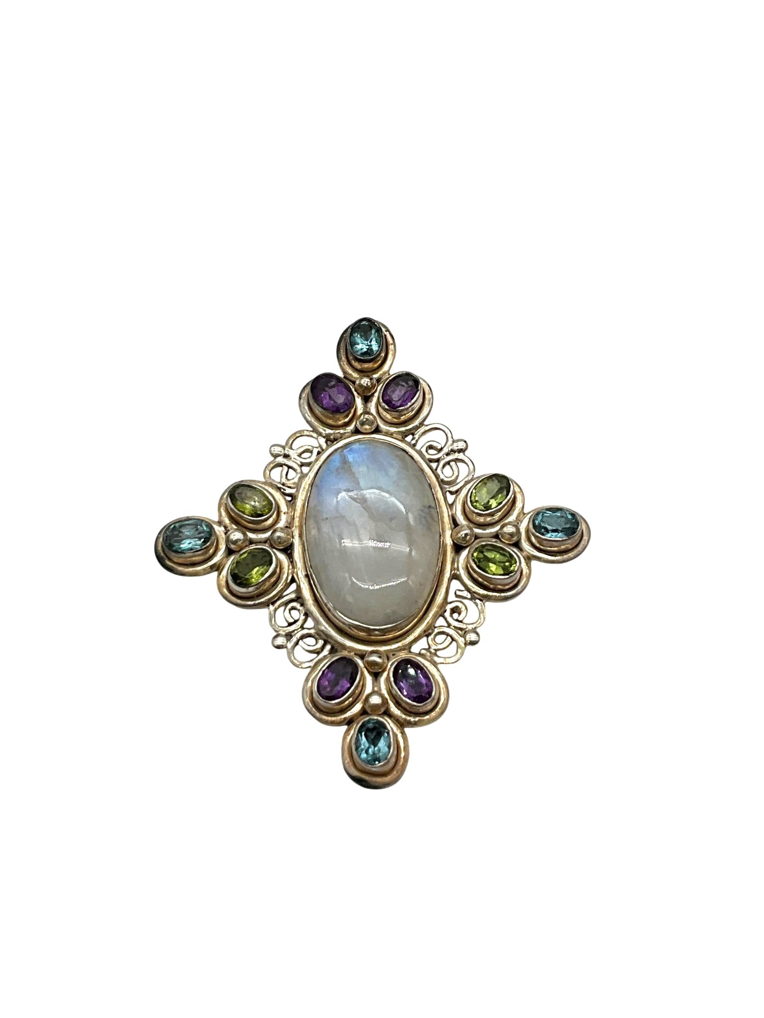 Marked SJ 925 Silver and Quartz Pendant: Marked SJ 925 Silver and Quartz Pendant with peridot, Topaz and amethyst accent gemstones. Approx. 3 inches tall x 2.5 wide.