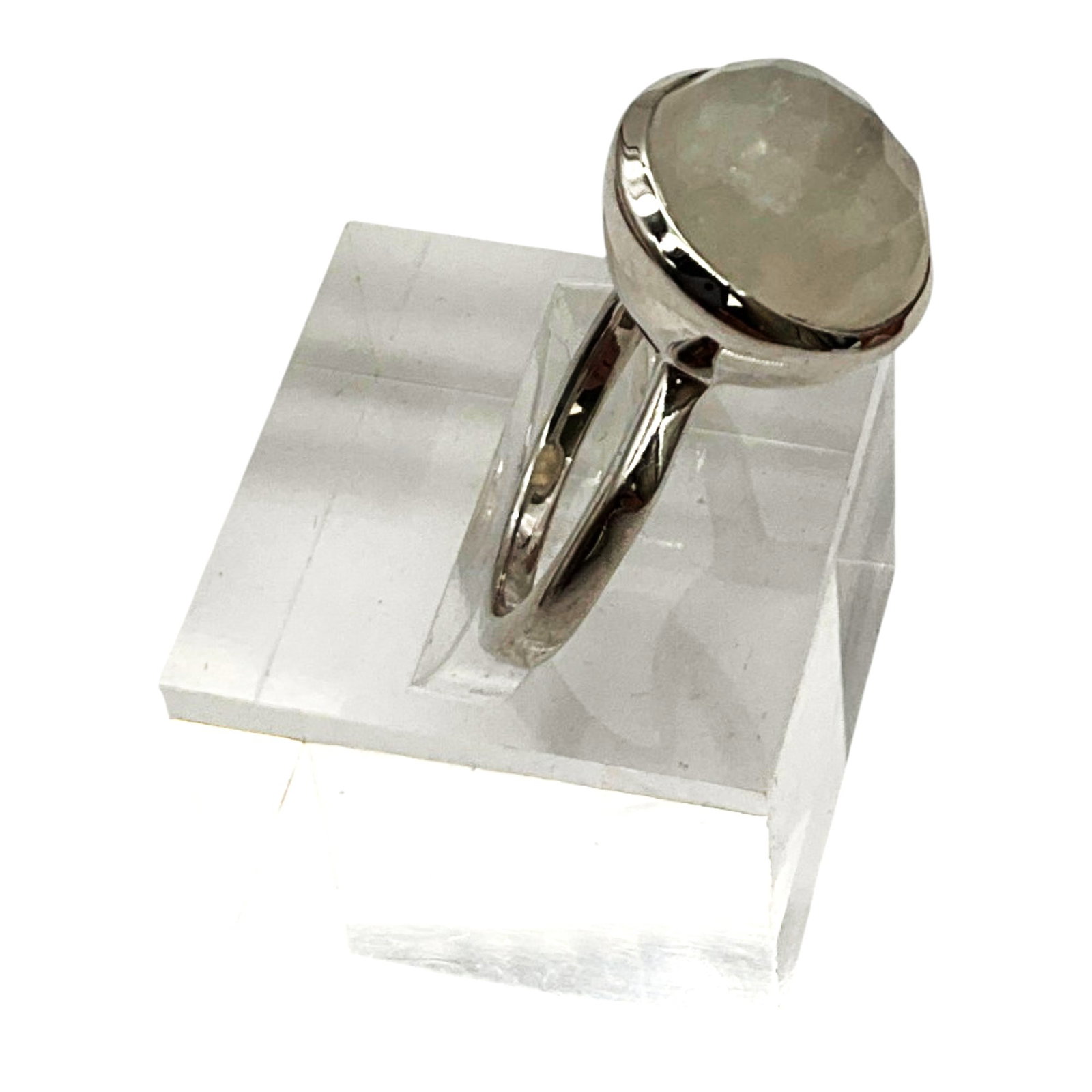 925 Designer Signed PTI Moonstone Ring: 925 Silver And Rainbow Moonstone ring, Signed PTI - India. Approx. size 6.75, 1 inch tall x 7/8 wide x 0.5 deep,