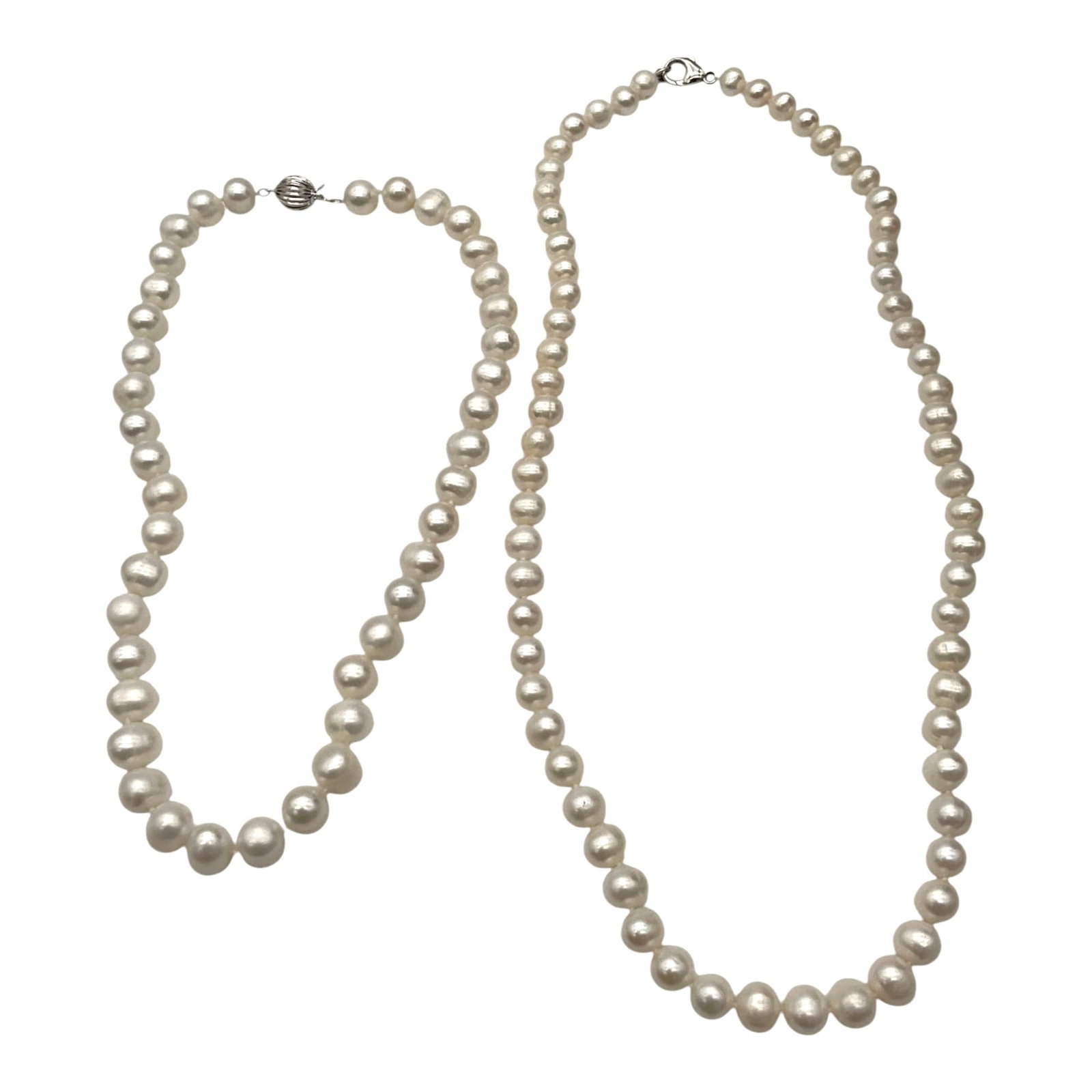 Lot of 2 Pearl Necklace with 925 Clasp Signed: Pair of Pearl Necklaces marked LUC 925 CN on clasp. Approx. 17.5 and 23.5 inches end to end, both strands have pearls that are 9-10mm.
