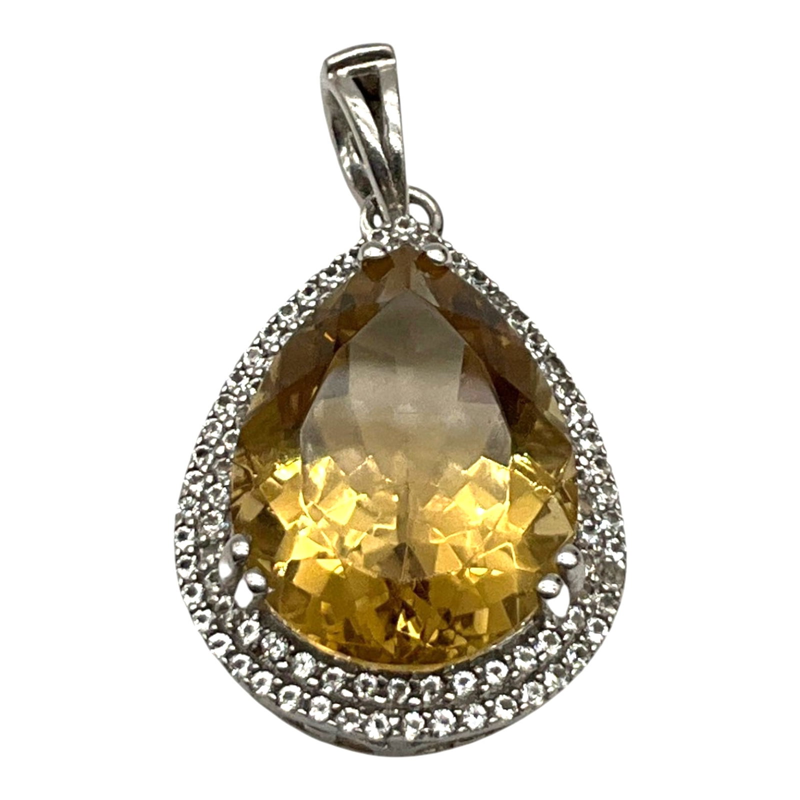 Marked BBJ 925 Silver Halo Pendant: Marked BBJ 925 Silver teardrop Halo Pendant with citrine colored center stone and CZ's. 1.5 inches tall x 7/8 wide.