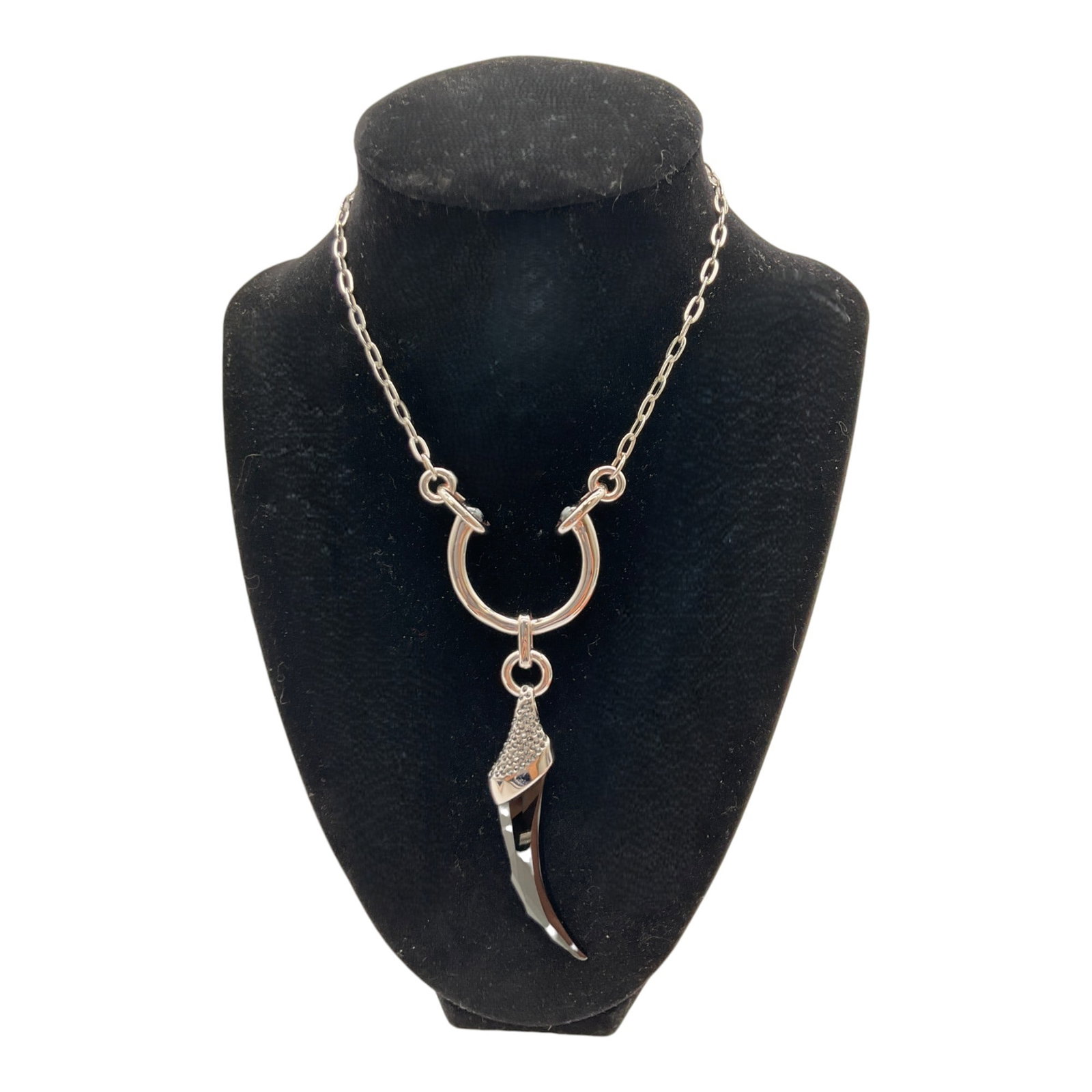 Swarovski Taddeo Collection Necklace: Swarovski Taddeo Collection featuring black crystal horn on bull nose ring hardware Necklace. Approx. 19 inches end to end x 4.5 inches tall.