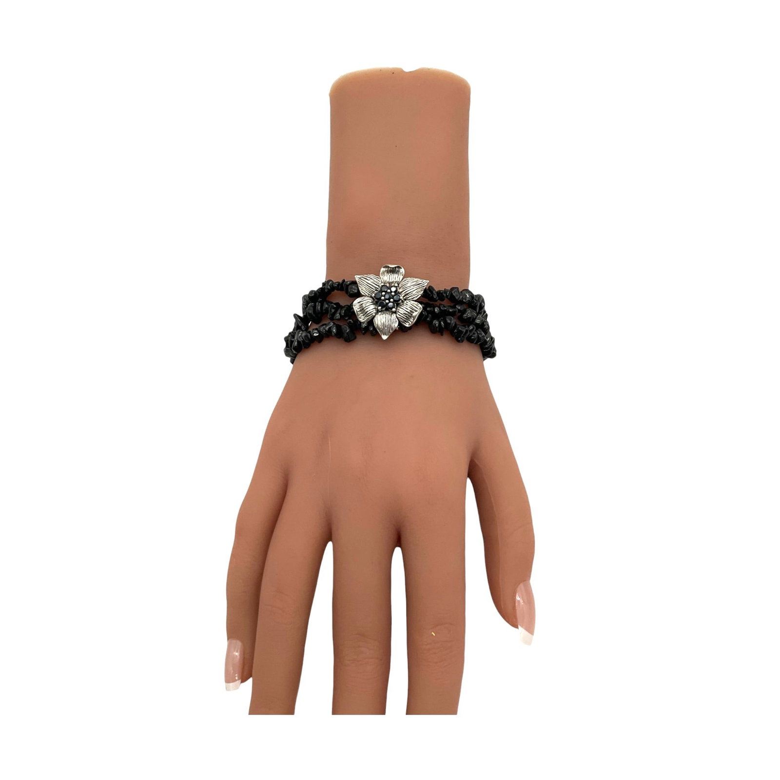 Marked DBJ 925 Sterling Silver Multi Strand Bracelet: Marked DBJ 925 Sterling Silver Multi Strand black stone Bracelet with silver center flower feature. Approx. 8.5 inches end to end x