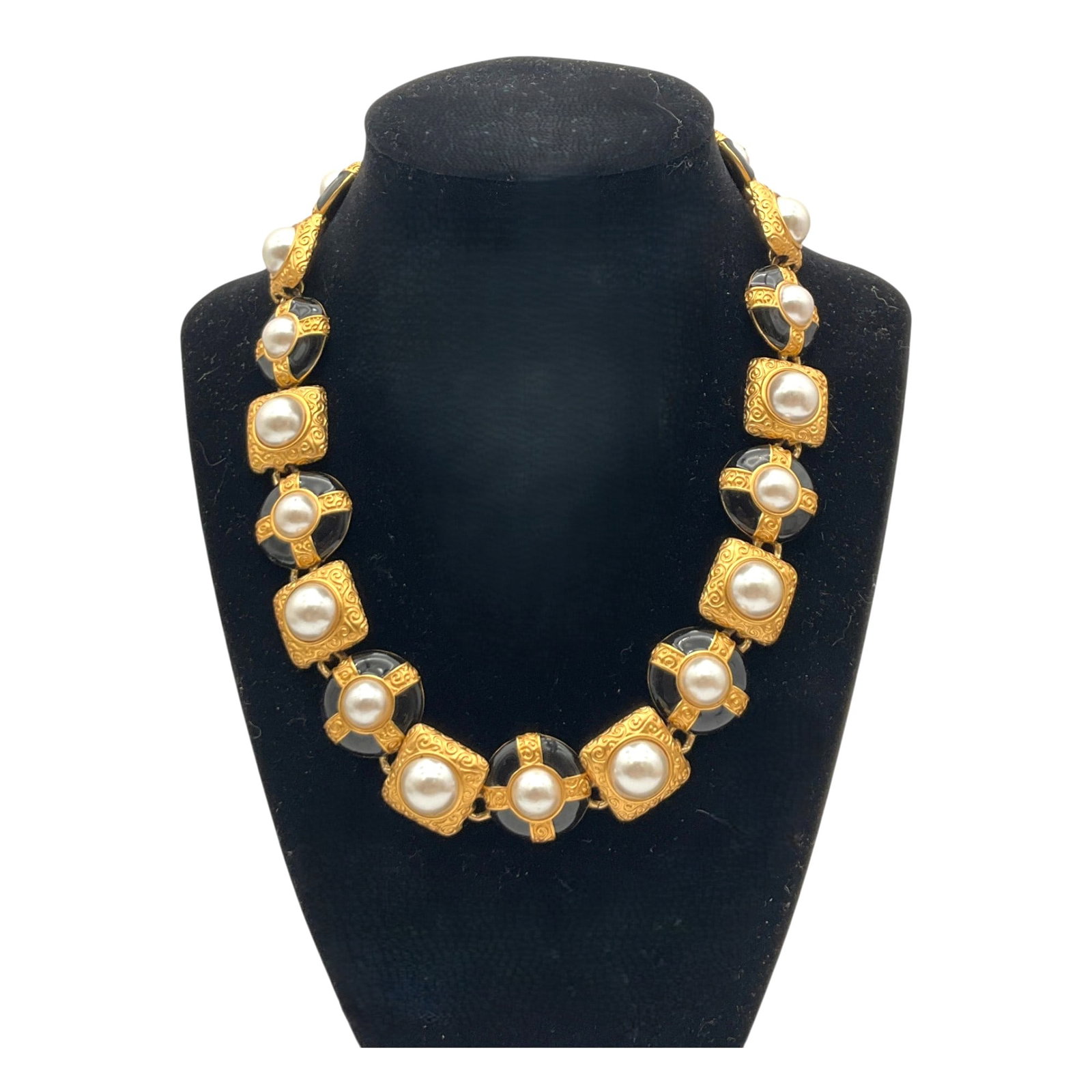 Vintage Anne Klein Enamel and Faux Pearl Necklace: Anne Klein Gold Tone, Black Enamel and Faux Pearl Necklace. Approx. 18.5 inches end to end x 0.75 wide.