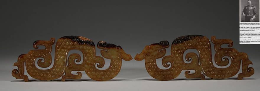 Warring States dragon jade ornaments a pair: H:in(6.3cm) L:in(16.5cm) W:in(cm) wt:202g