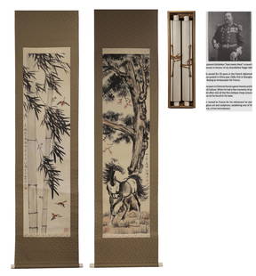 Xu Beihong horse, sparrow fine paper double axis: L: 53 1/2 in(136cm) W: 13 3/8 in(34cm)