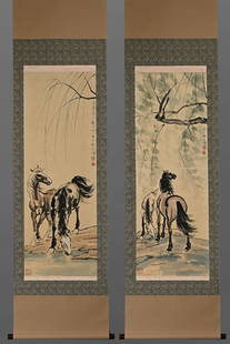 Xu Beihong (God horse double picture) paper satin mounted vertical axis; With the original box and: L:105cm W:36cm