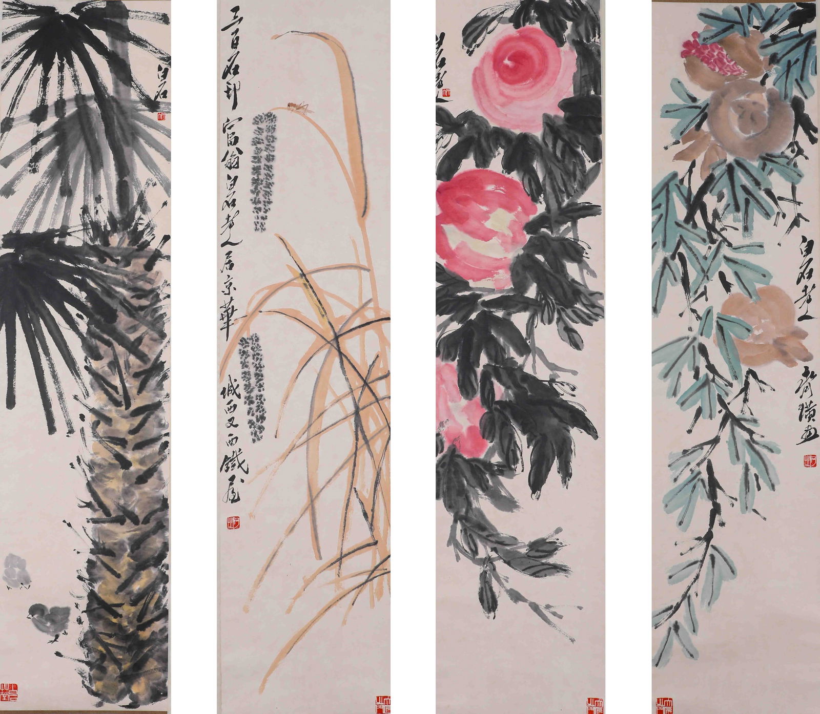 A group of paintings of flowers on four vertical axes of screens, marked by Qi Baishi, China: High:138cm,Wide:33cm
