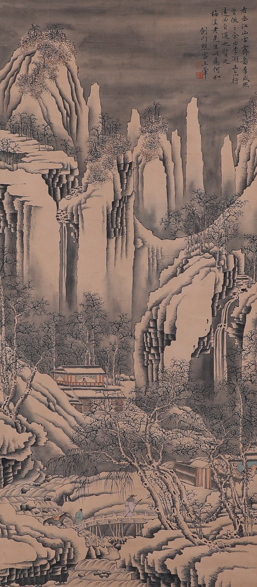 Landscape vertical axis works by Wang Hui in Qing Dynasty: High:97cm,Wide:41cm